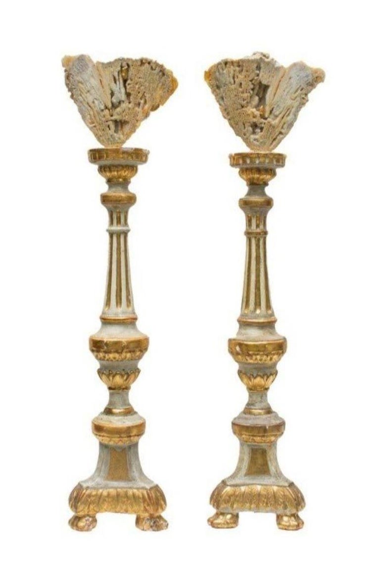 Pair of 18th century Italian gold candlesticks with agate coral and baroque pearls.

The altar sticks originally came from a church in Tuscany.. They are mounted with the coordinating pair of polished agate coral and adorned with baroque