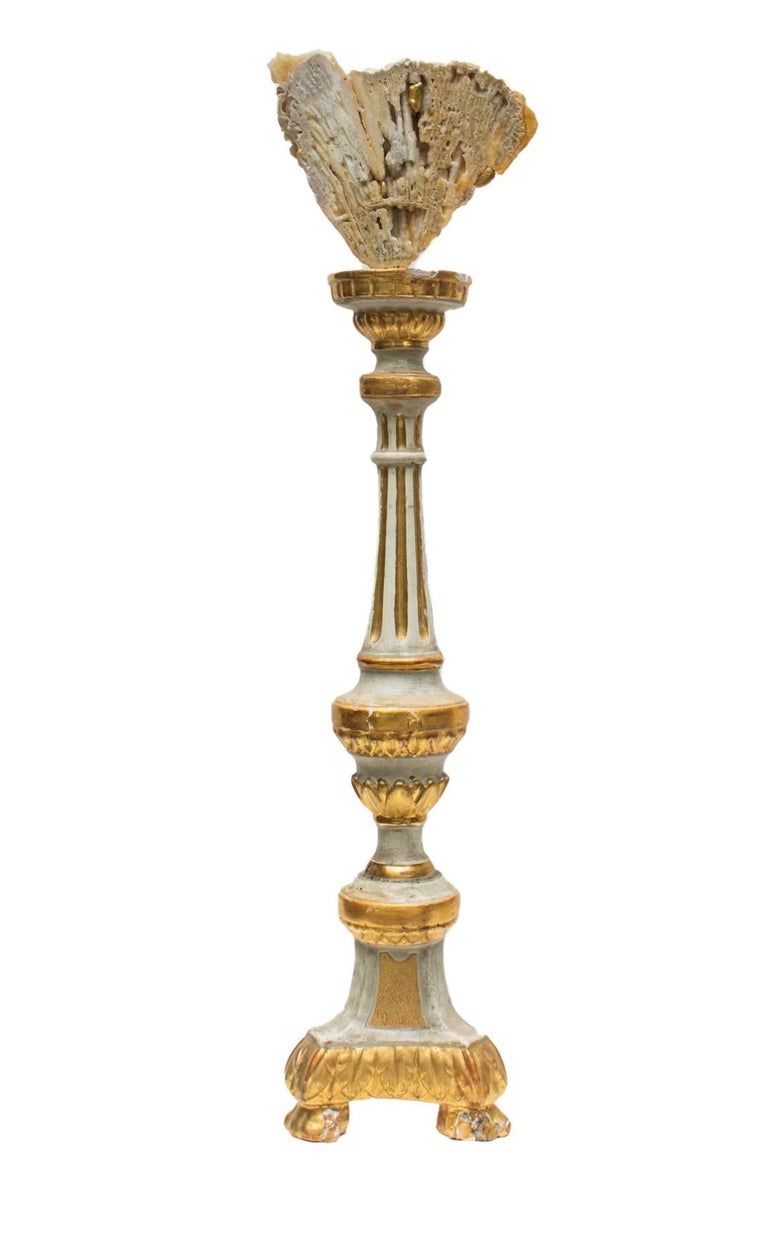 Hand-Carved Pair of 18th Century Italian Gold Leaf Candlesticks with Fossil Agate Coral For Sale