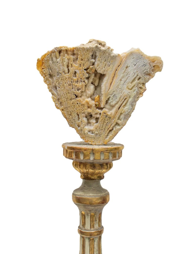 18th Century and Earlier Pair of 18th Century Italian Gold Leaf Candlesticks with Fossil Agate Coral For Sale