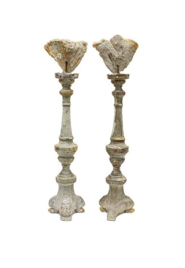 Pair of 18th Century Italian Gold Leaf Candlesticks with Fossil Agate Coral For Sale 1
