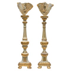 Pair of 18th Century Italian Gold Leaf Candlesticks with Fossil Agate Coral