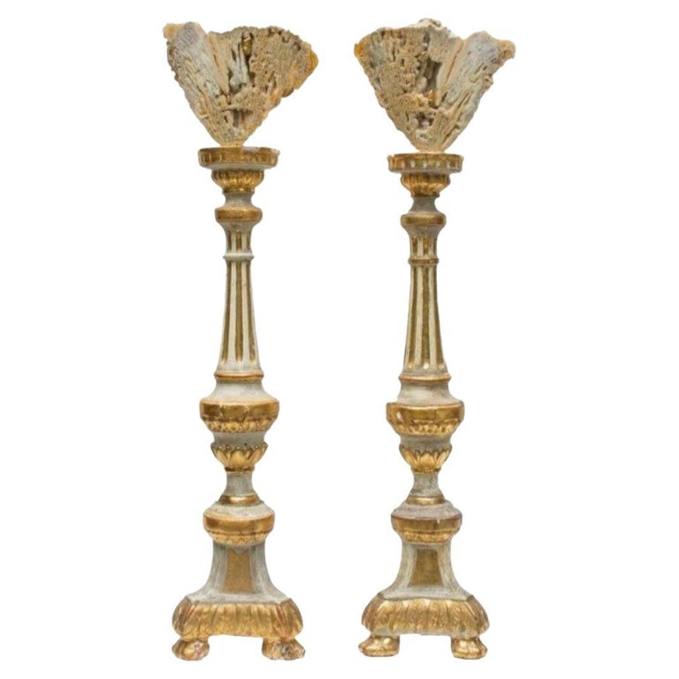 Pair of 18th Century Italian Gold Leaf Candlesticks with Fossil Agate Coral For Sale