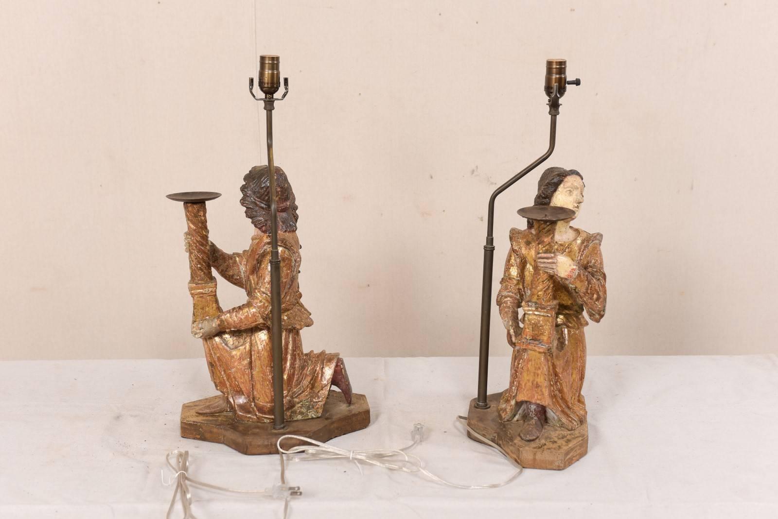 Pair of 18th Century Italian Hand-Carved and Painted Wood Figurative Table Lamps For Sale 6