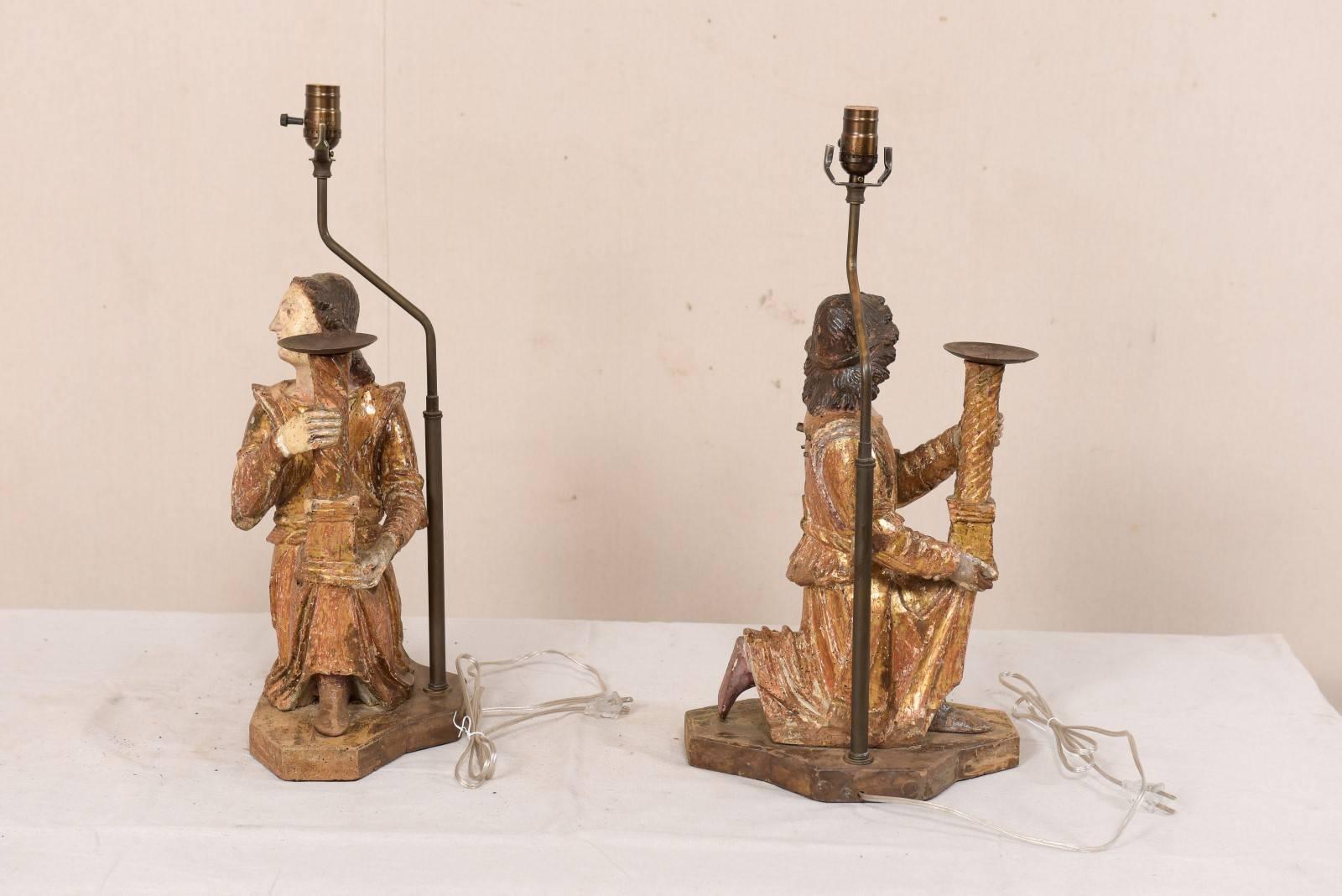 Pair of 18th Century Italian Hand-Carved and Painted Wood Figurative Table Lamps In Good Condition For Sale In Atlanta, GA