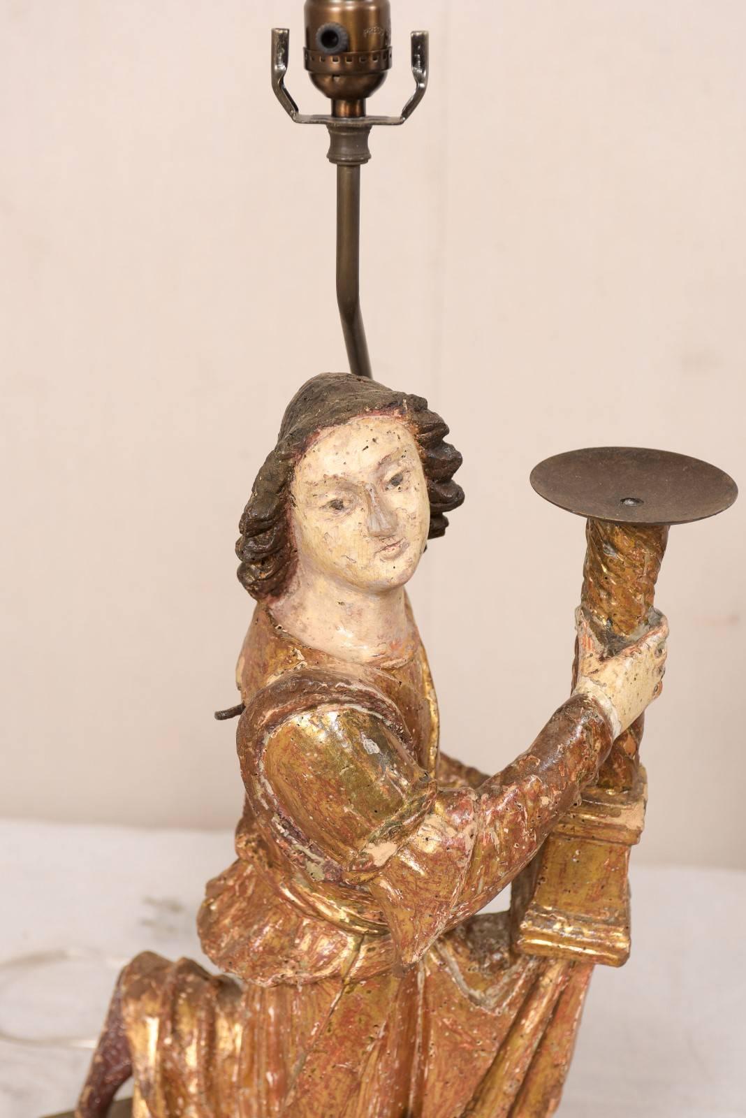 18th Century and Earlier Pair of 18th Century Italian Hand-Carved and Painted Wood Figurative Table Lamps For Sale