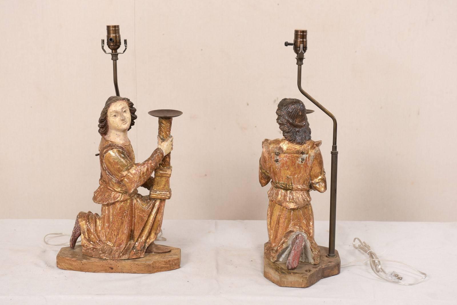 Pair of 18th Century Italian Hand-Carved and Painted Wood Figurative Table Lamps For Sale 3