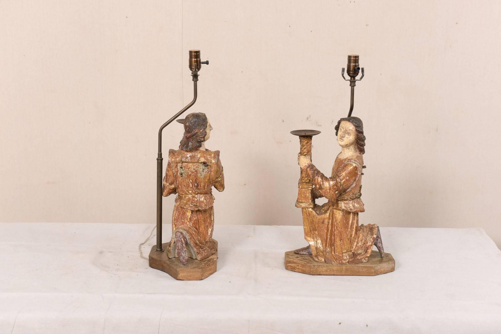 Pair of 18th Century Italian Hand-Carved and Painted Wood Figurative Table Lamps For Sale 4