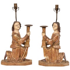 Pair of 18th Century Italian Hand-Carved and Painted Wood Figurative Table Lamps