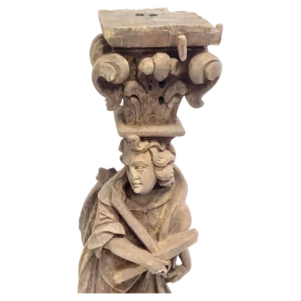 Beautiful weathered 18th Century Italian carved wood architectural fragment. Large pair of two men, one reading a book, one holding a cross. Very good condition.

       