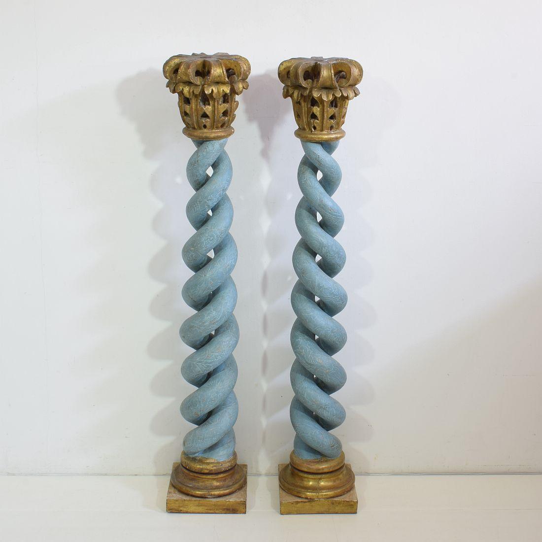 Unique pair of carved wooden dubble spiral columns with stunning color and gilding.
Italy, circa 1750. Weathered, small losses.