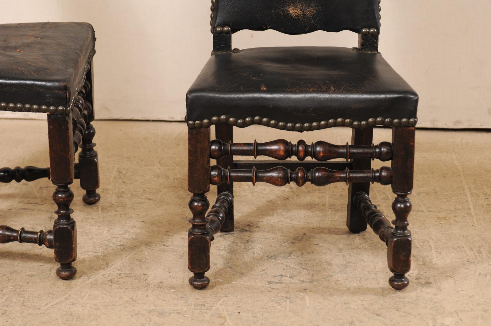 A Pair of 18th Century Italian Handsome Leather & Walnut Tall-Back Hall Chairs 5