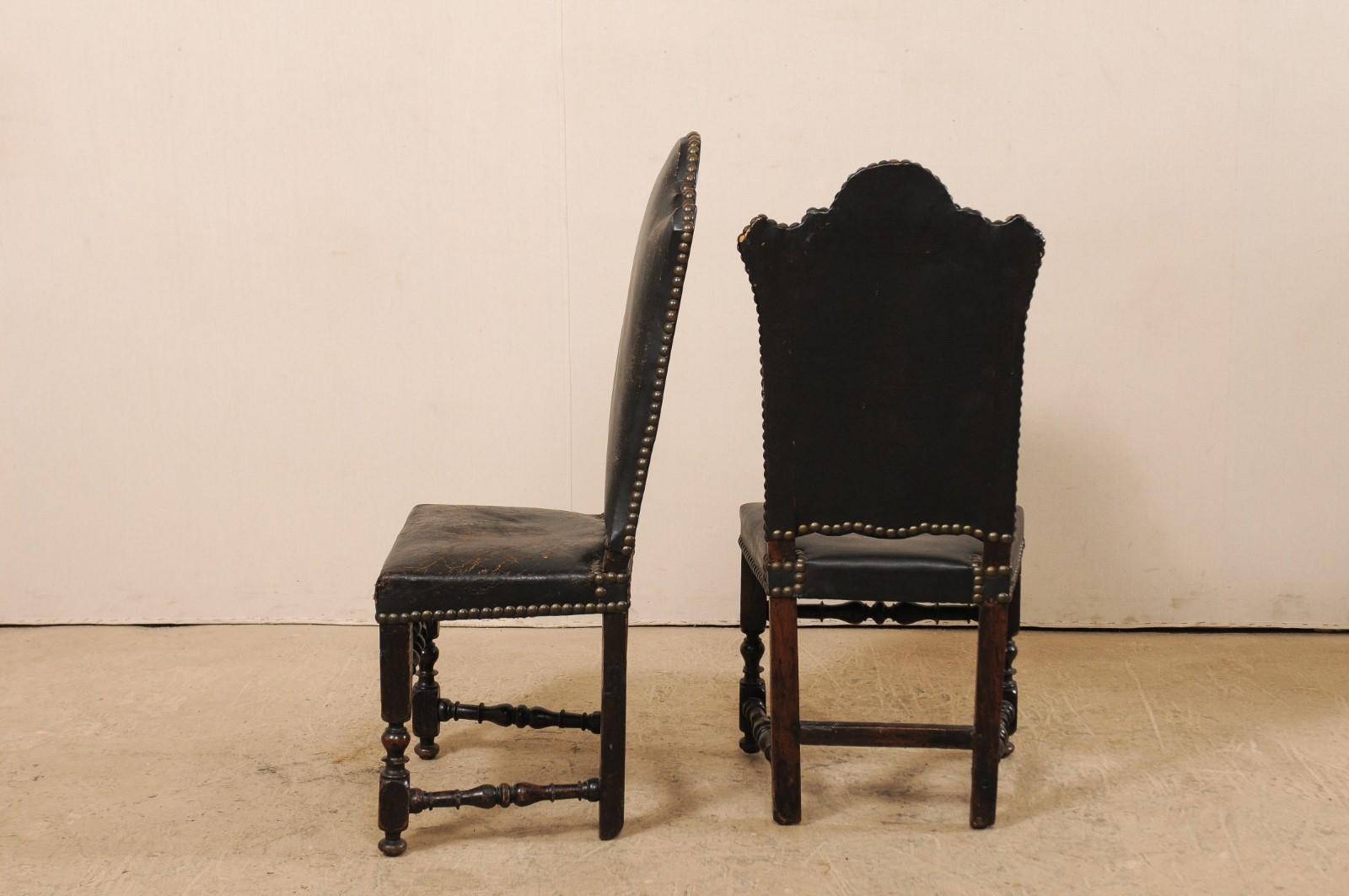 A Pair of 18th Century Italian Handsome Leather & Walnut Tall-Back Hall Chairs 6