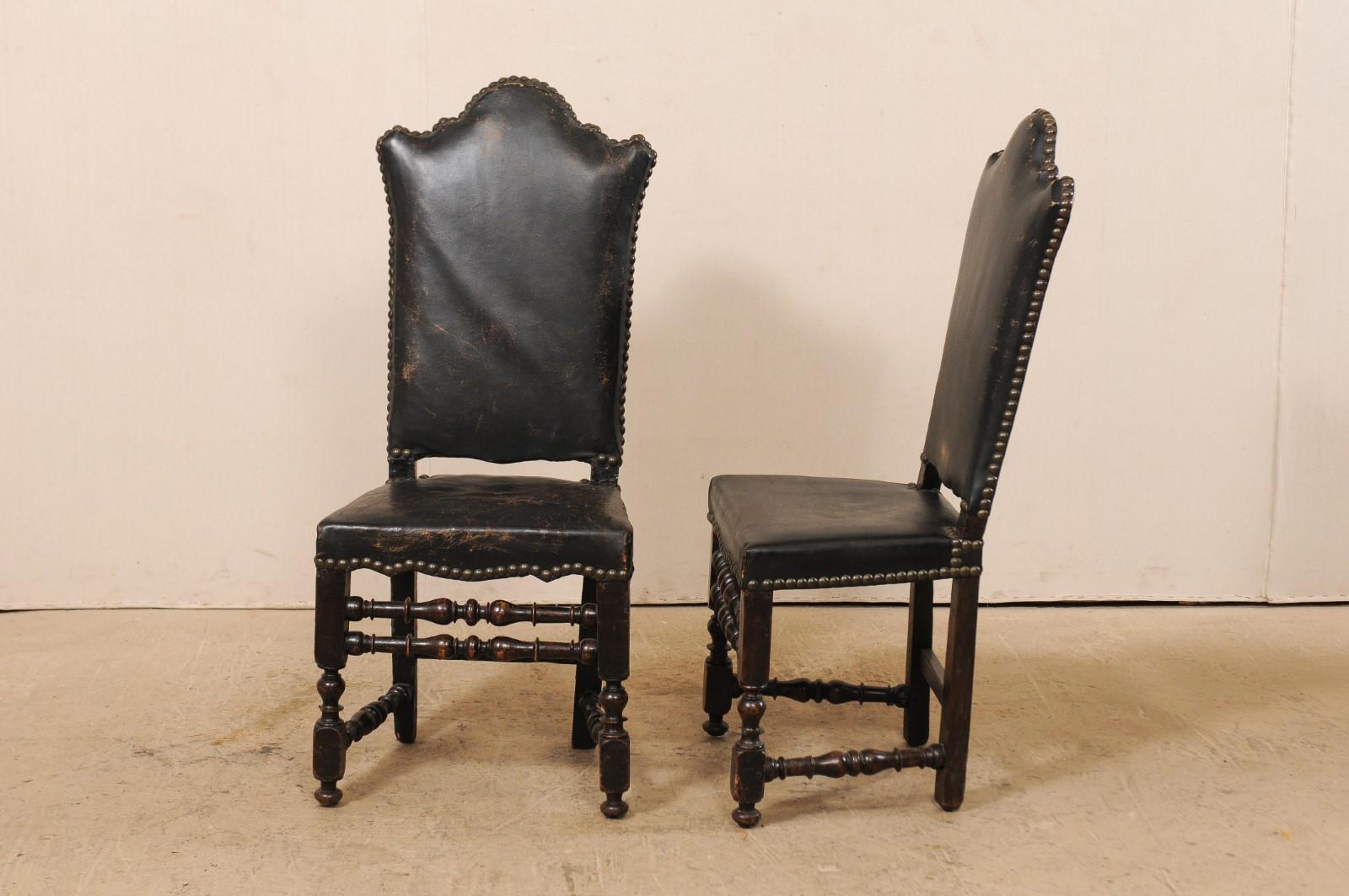 A Pair of 18th Century Italian Handsome Leather & Walnut Tall-Back Hall Chairs In Good Condition In Atlanta, GA