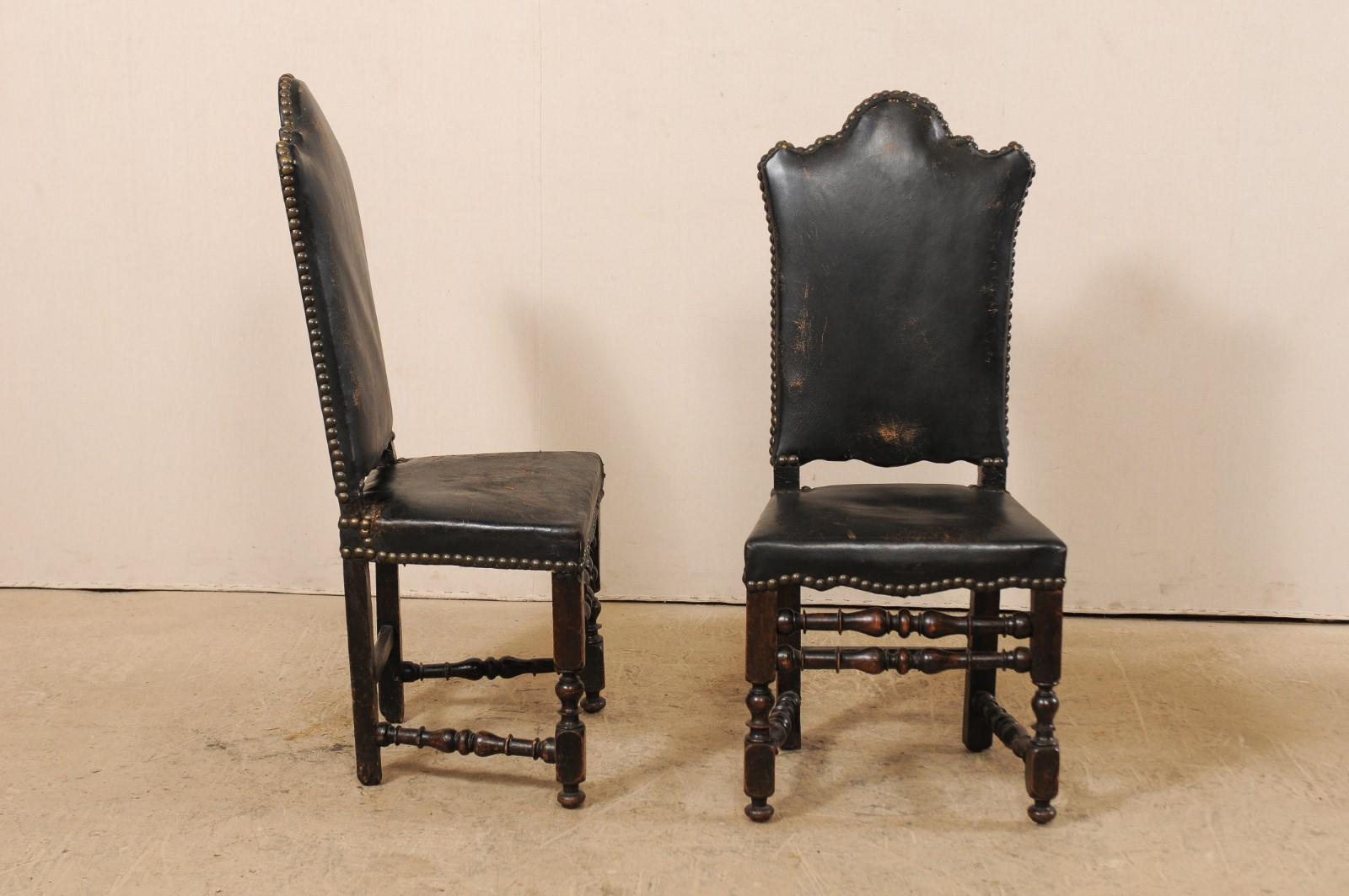 18th Century and Earlier A Pair of 18th Century Italian Handsome Leather & Walnut Tall-Back Hall Chairs