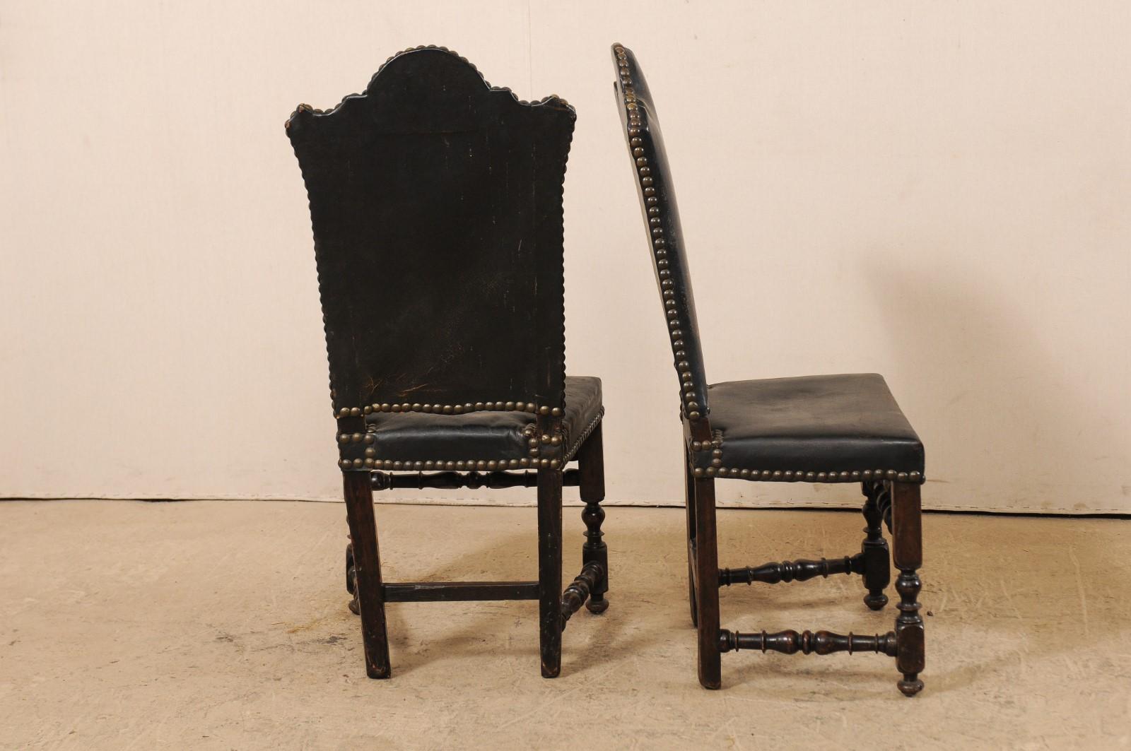 A Pair of 18th Century Italian Handsome Leather & Walnut Tall-Back Hall Chairs 1