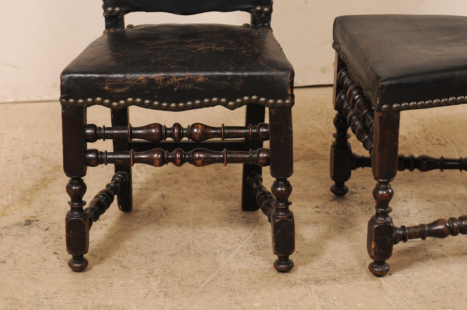 A Pair of 18th Century Italian Handsome Leather & Walnut Tall-Back Hall Chairs 4