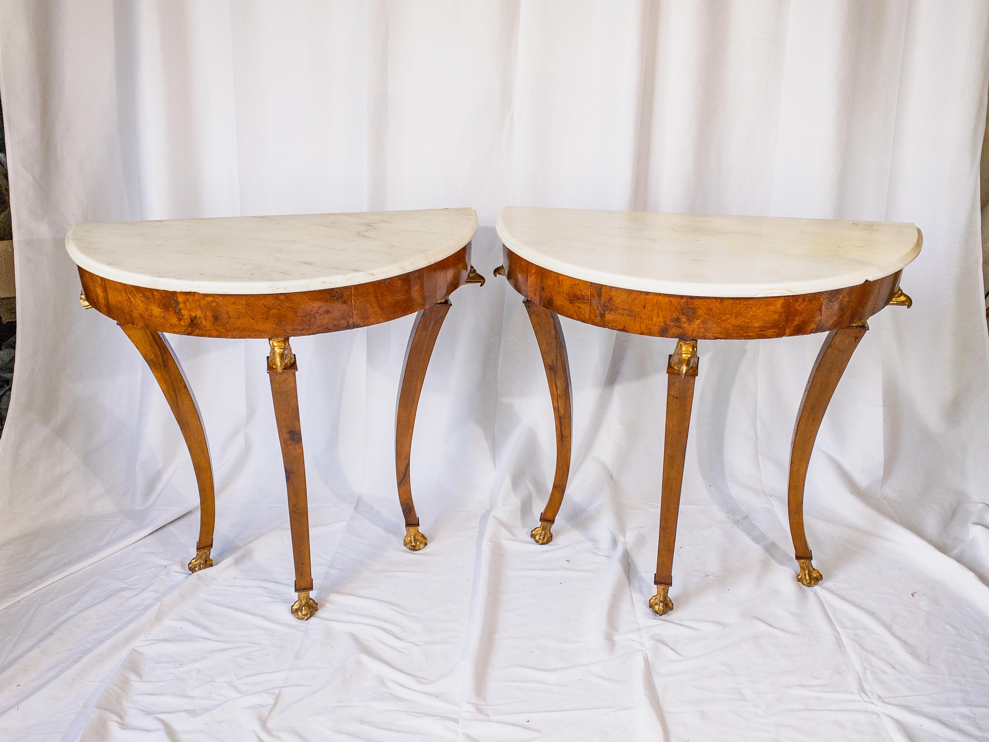 Carved Pair of 18th Century Italian Marble Top Demi-lune Tables For Sale
