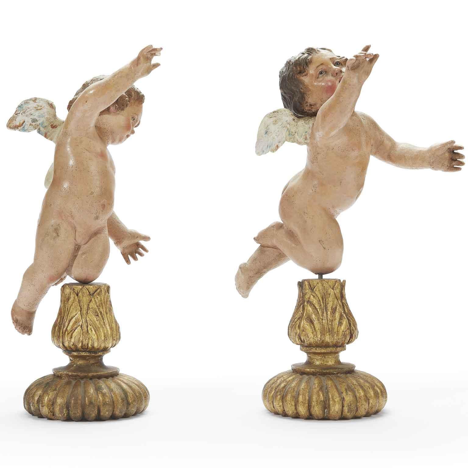 Baroque Pair of 18th Century Italian Neapolitan Cherubs Terracotta Putti Sculptures