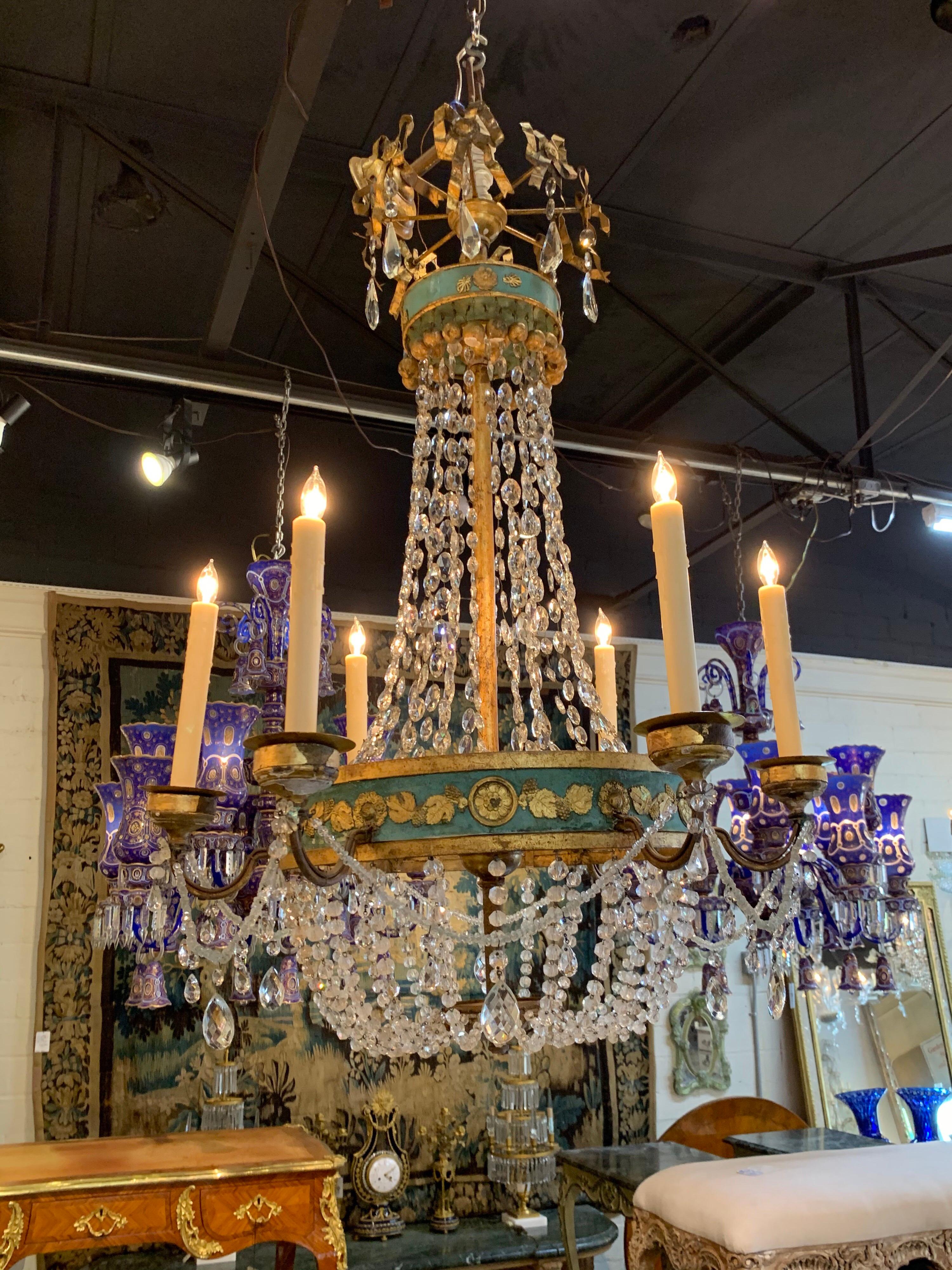 Pair of 18th Century Italian Neoclassical Crystal and Painted Tole Chandeliers In Good Condition In Dallas, TX