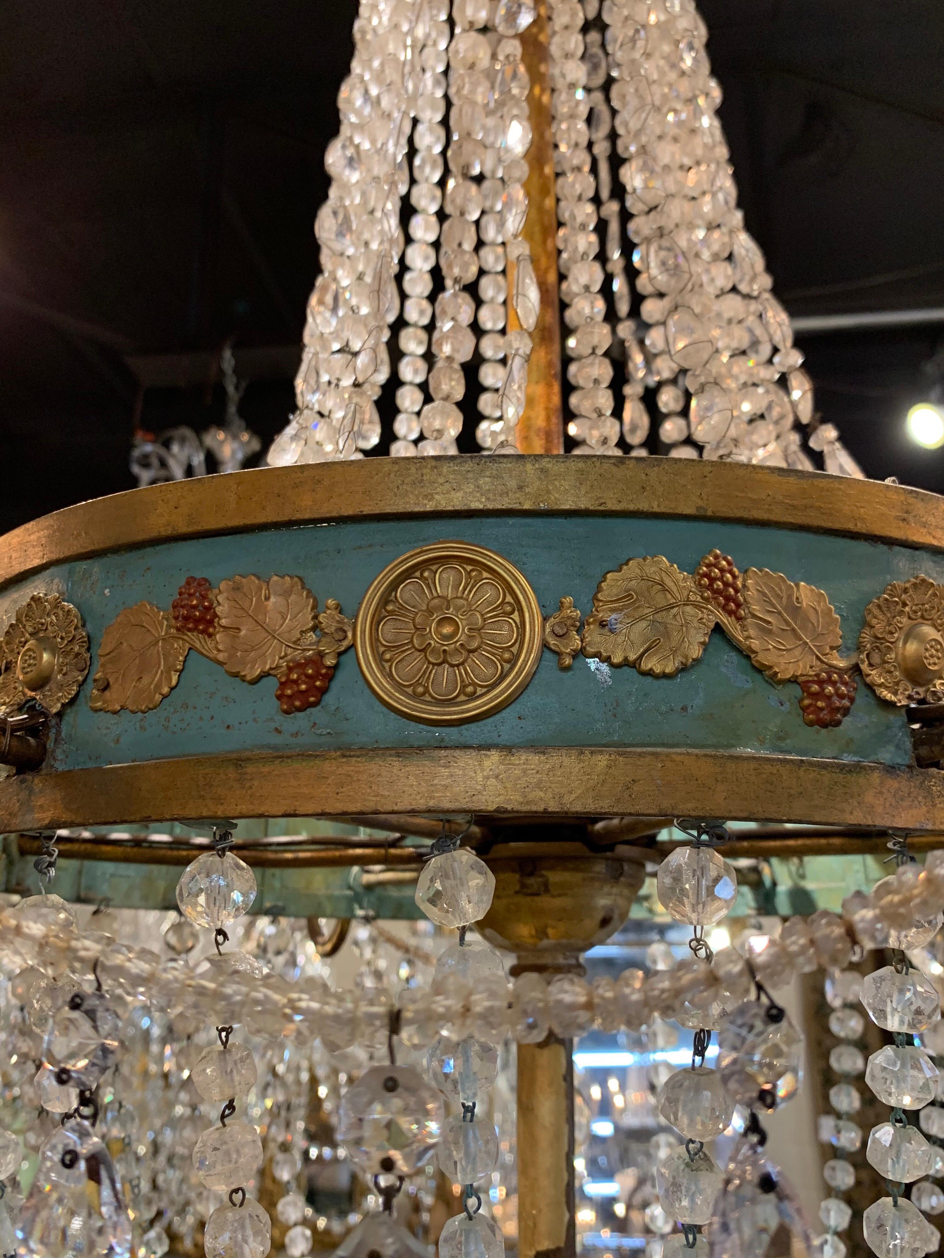 18th Century and Earlier Pair of 18th Century Italian Neoclassical Crystal and Painted Tole Chandeliers