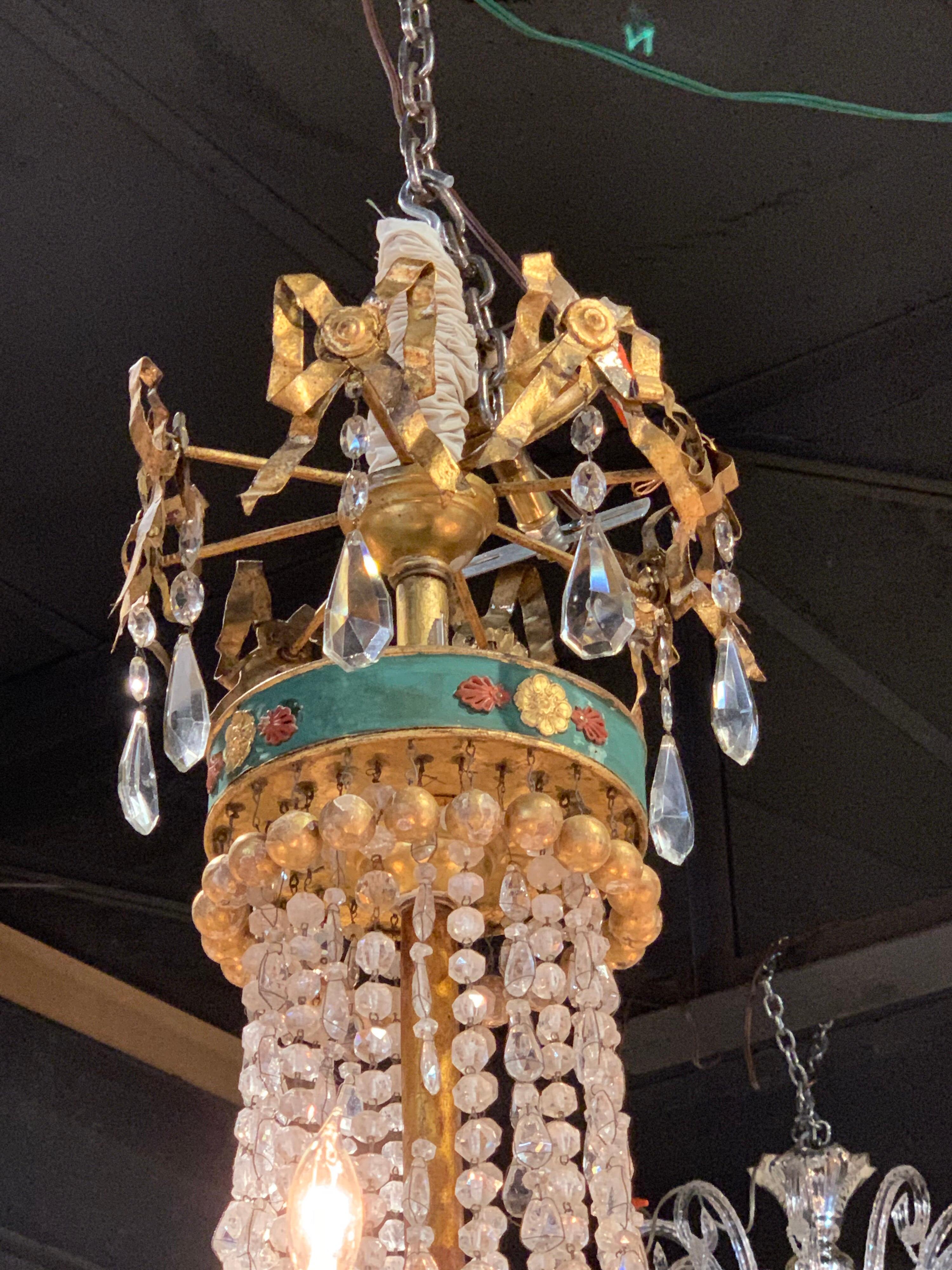 Metal Pair of 18th Century Italian Neoclassical Crystal and Painted Tole Chandeliers