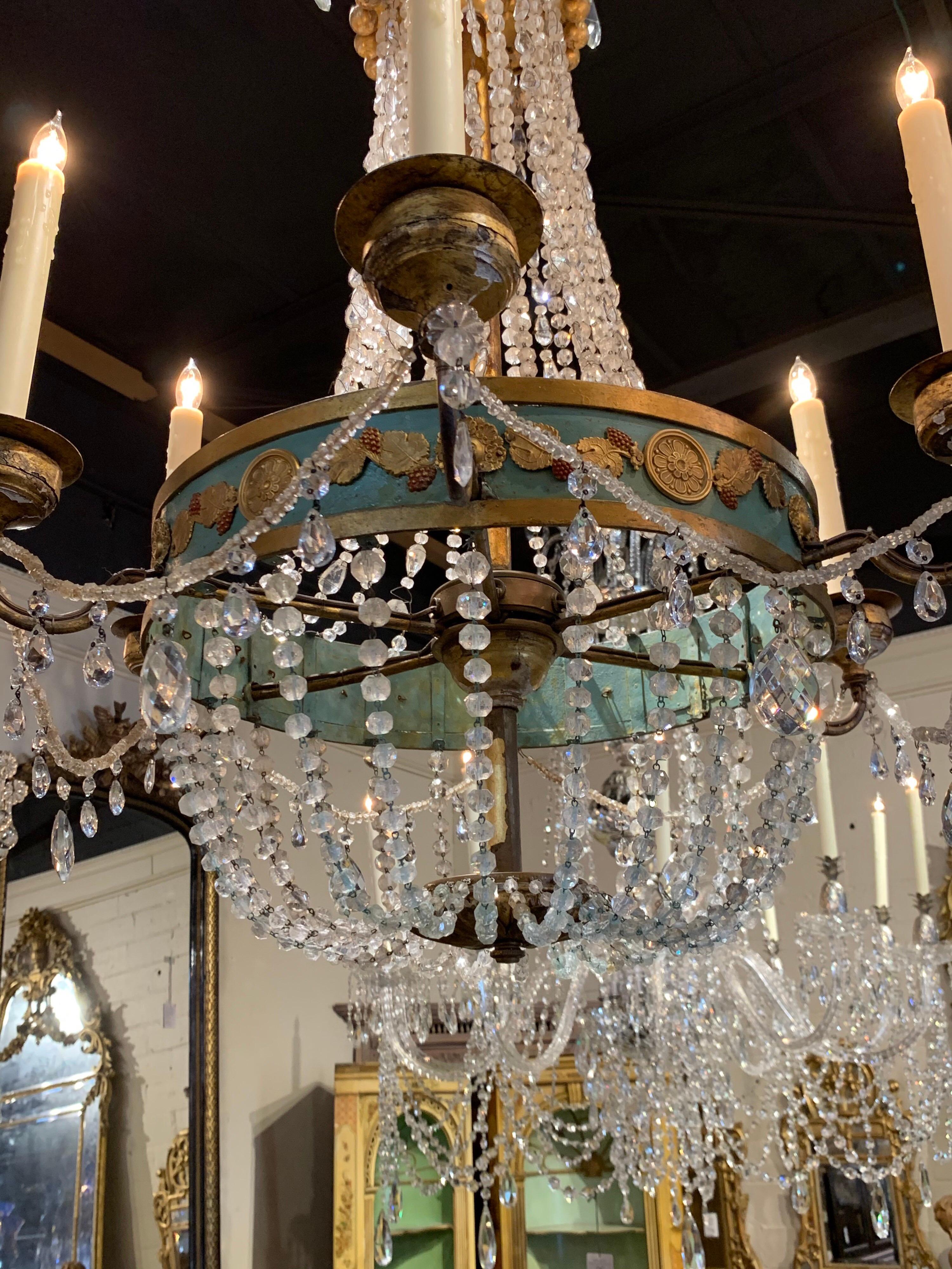 Pair of 18th Century Italian Neoclassical Crystal and Painted Tole Chandeliers 2