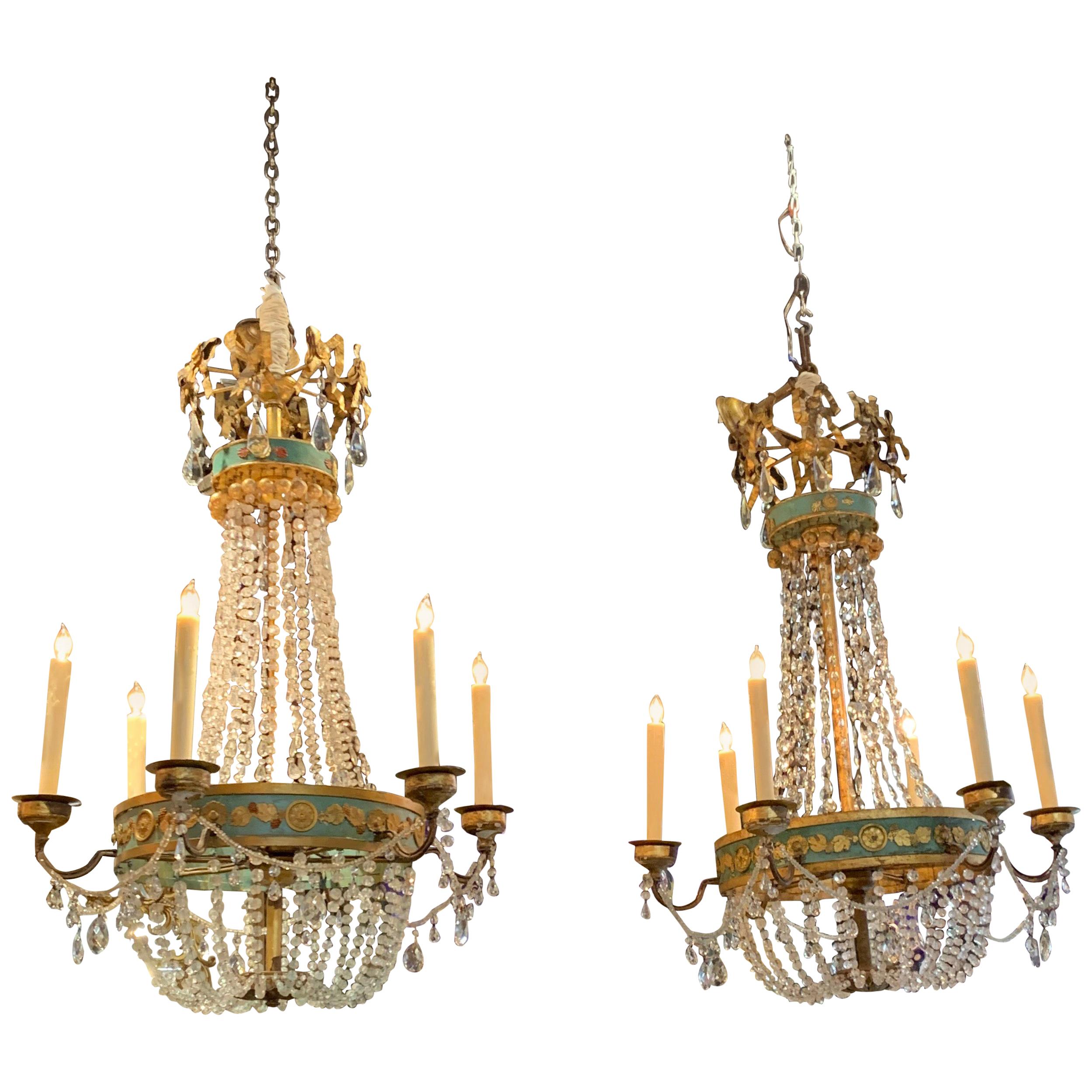 Pair of 18th Century Italian Neoclassical Crystal and Painted Tole Chandeliers
