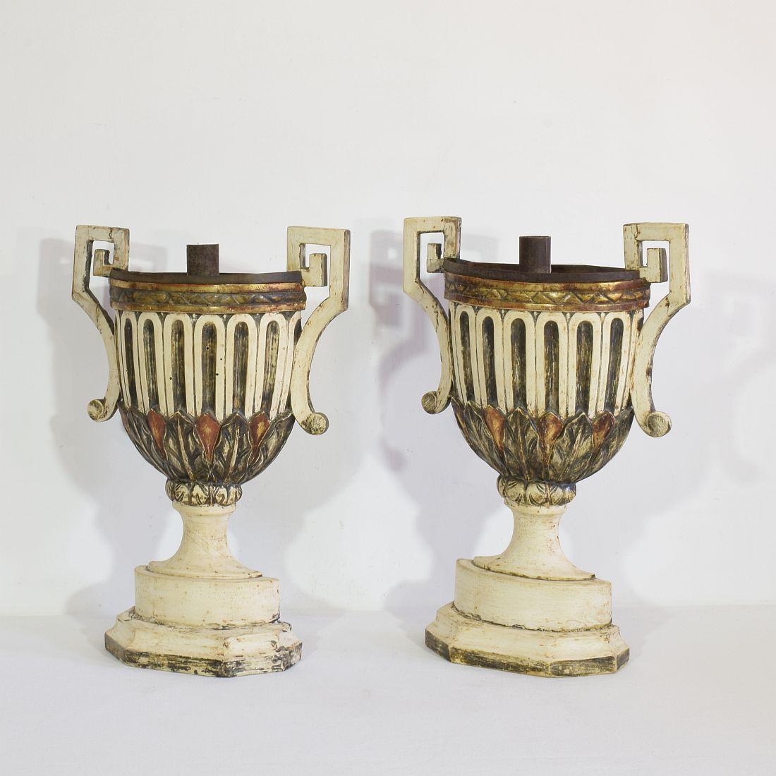 Hand-Crafted Pair of 18th Century Italian Neoclassical Altar Candleholders For Sale