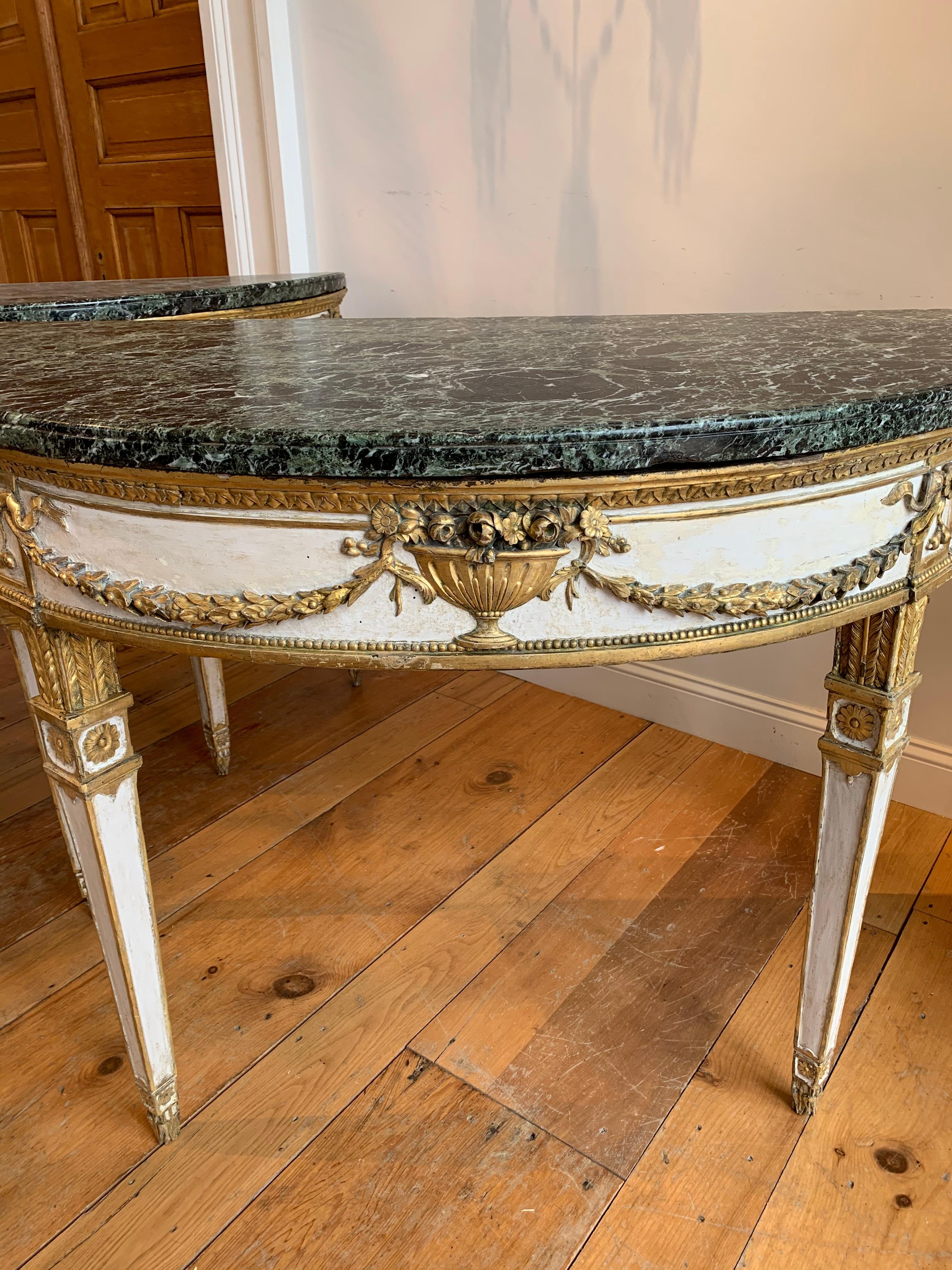 Pair of 18th Century Italian Neoclassical Demi-lune Console Tables In Good Condition In Essex, MA