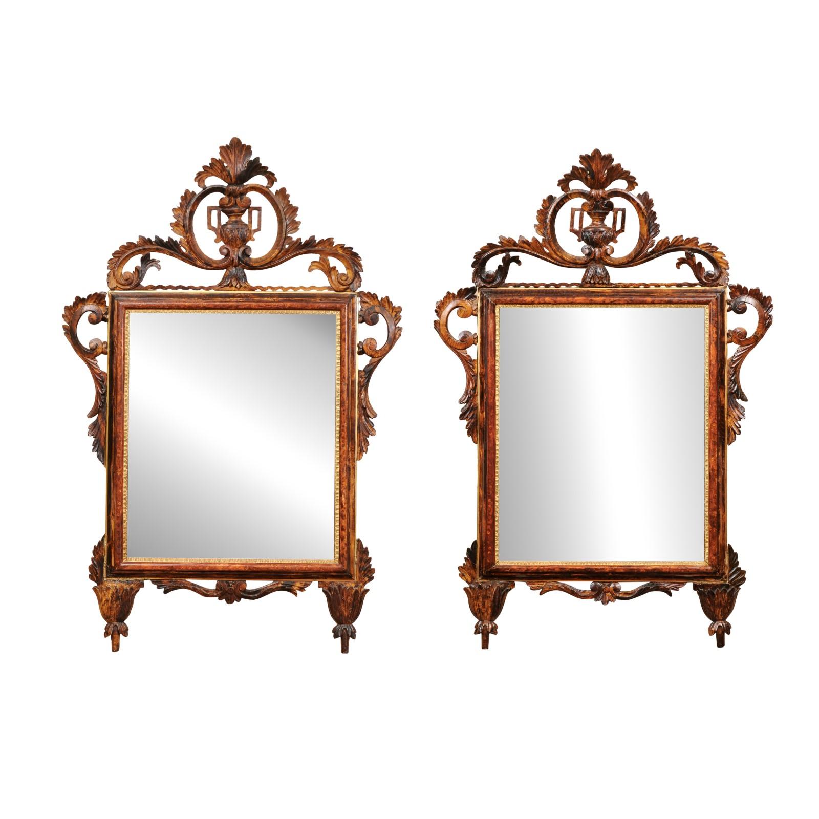 Pair of 18th Century Italian Neoclassical Faux Grain Painted Mirrors with Urn Crests, ca. 1790