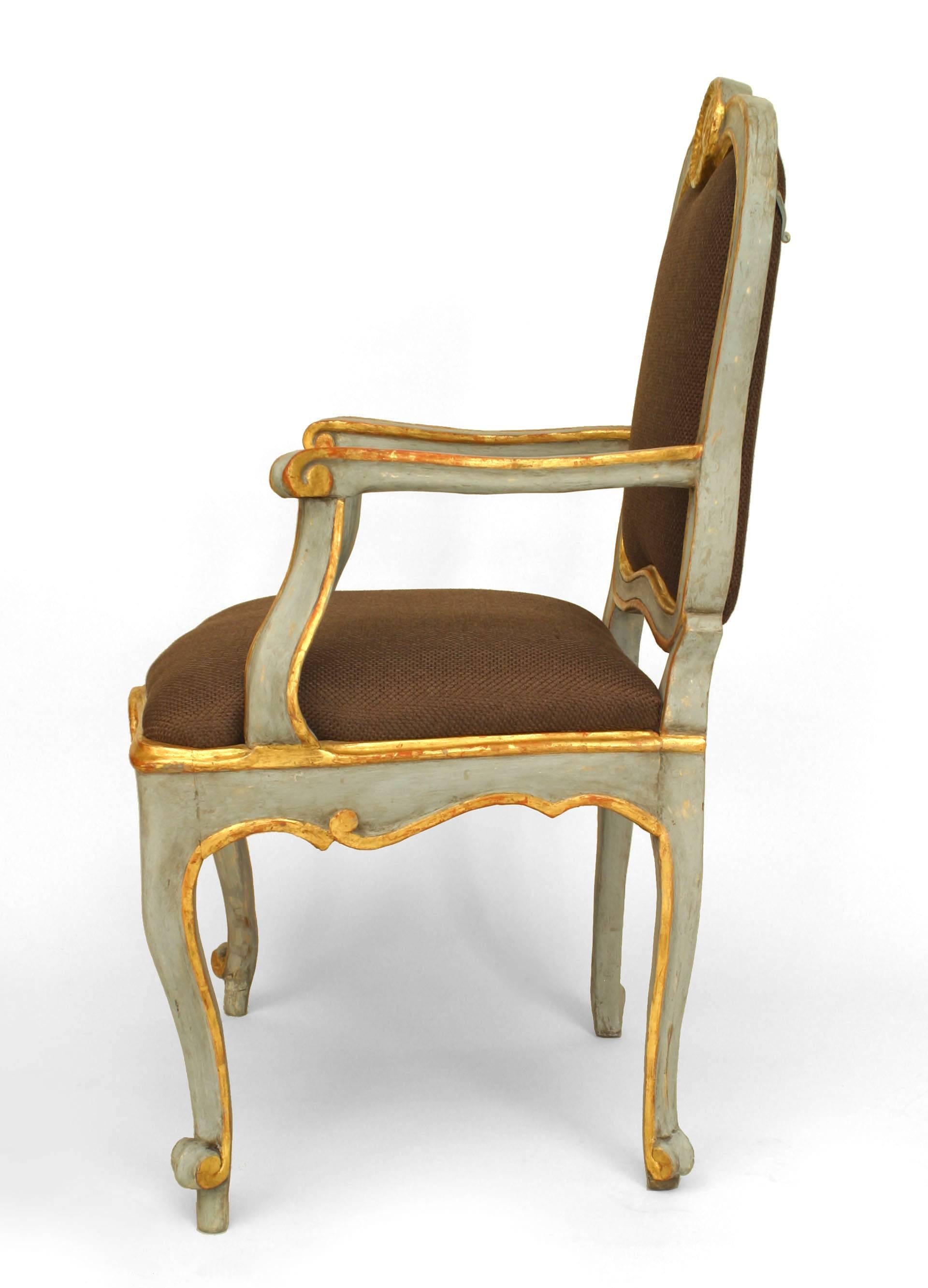 18th Century and Earlier Pair of 18th Century Italian Neoclassical Gilt Carved and Painted Armchairs