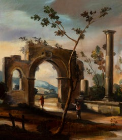 Pair of 18th Century Italian Oil on Canvas Riverside Scene Paintings