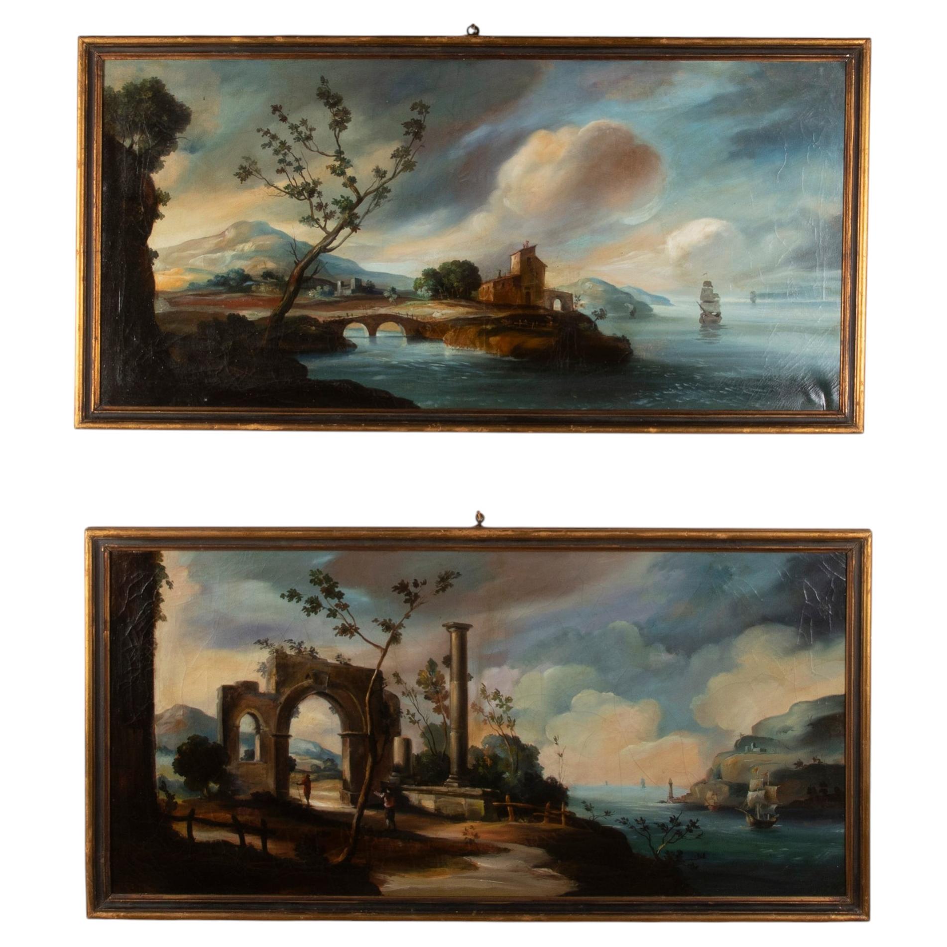 Paar italienische Öl-auf-Leinwand-Gemälde der Flusslandschaft aus dem 18.