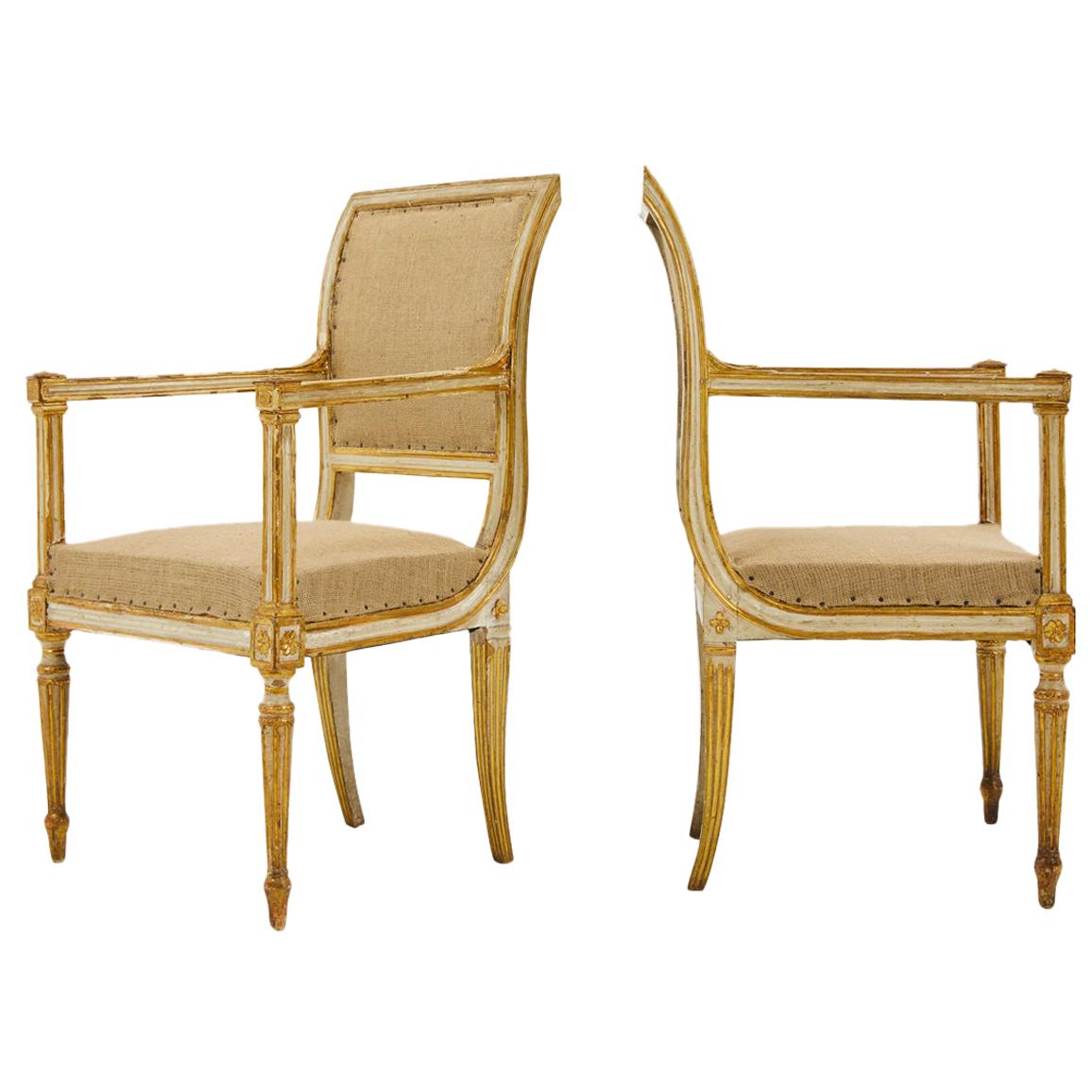 Pair of 18th Century Italian Painted and Gilt Armchairs For Sale