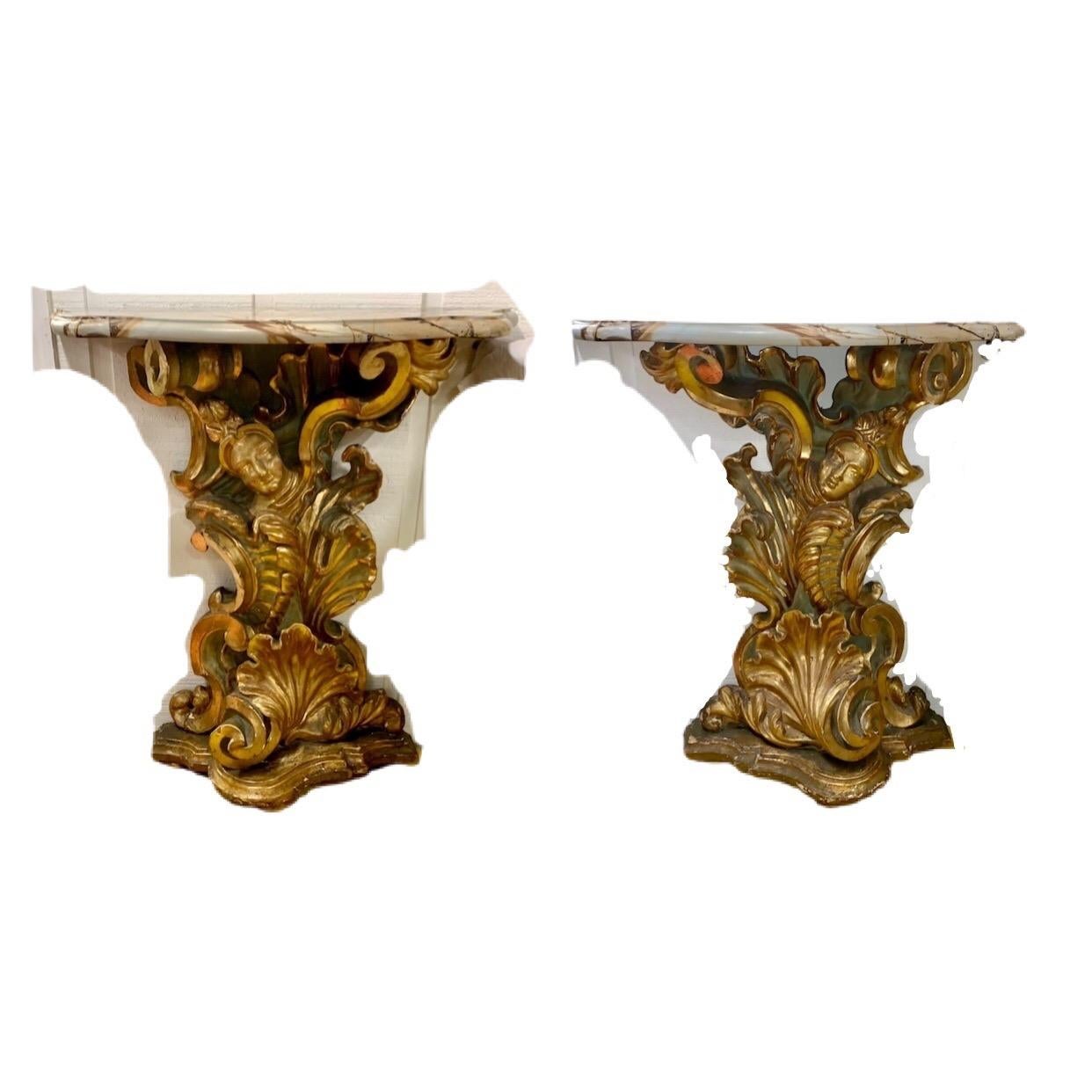 Baroque Pair of 18th Century Italian Painted & Gilt Carved Wood Consoles