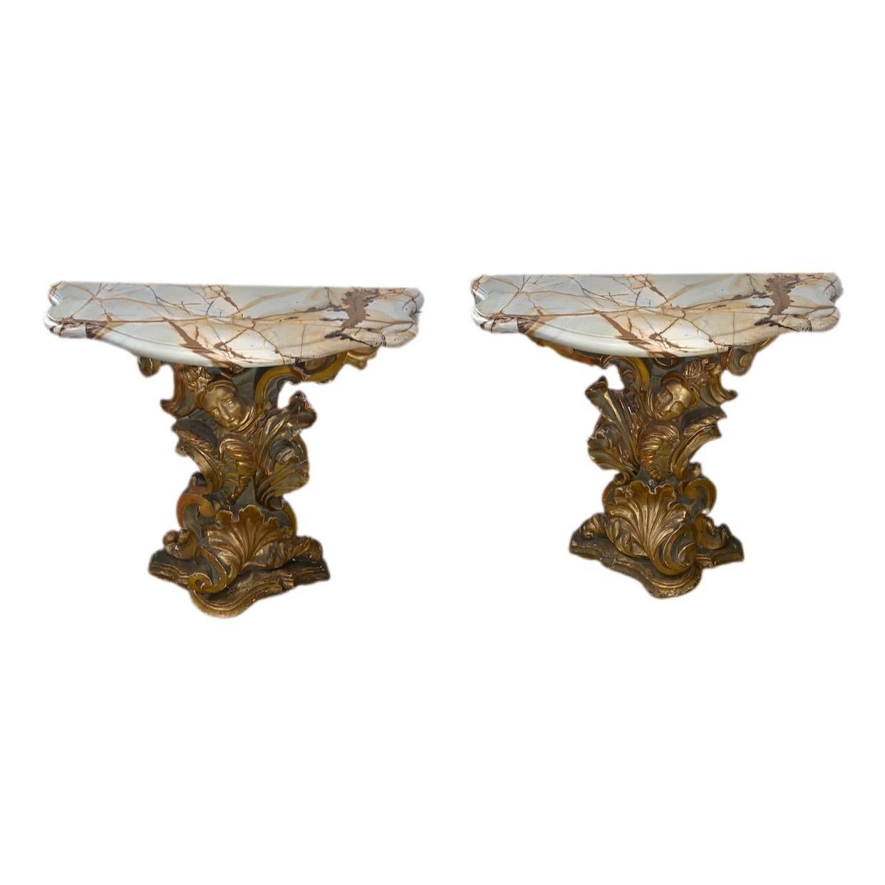 Hand-Carved Pair of 18th Century Italian Painted & Gilt Carved Wood Consoles