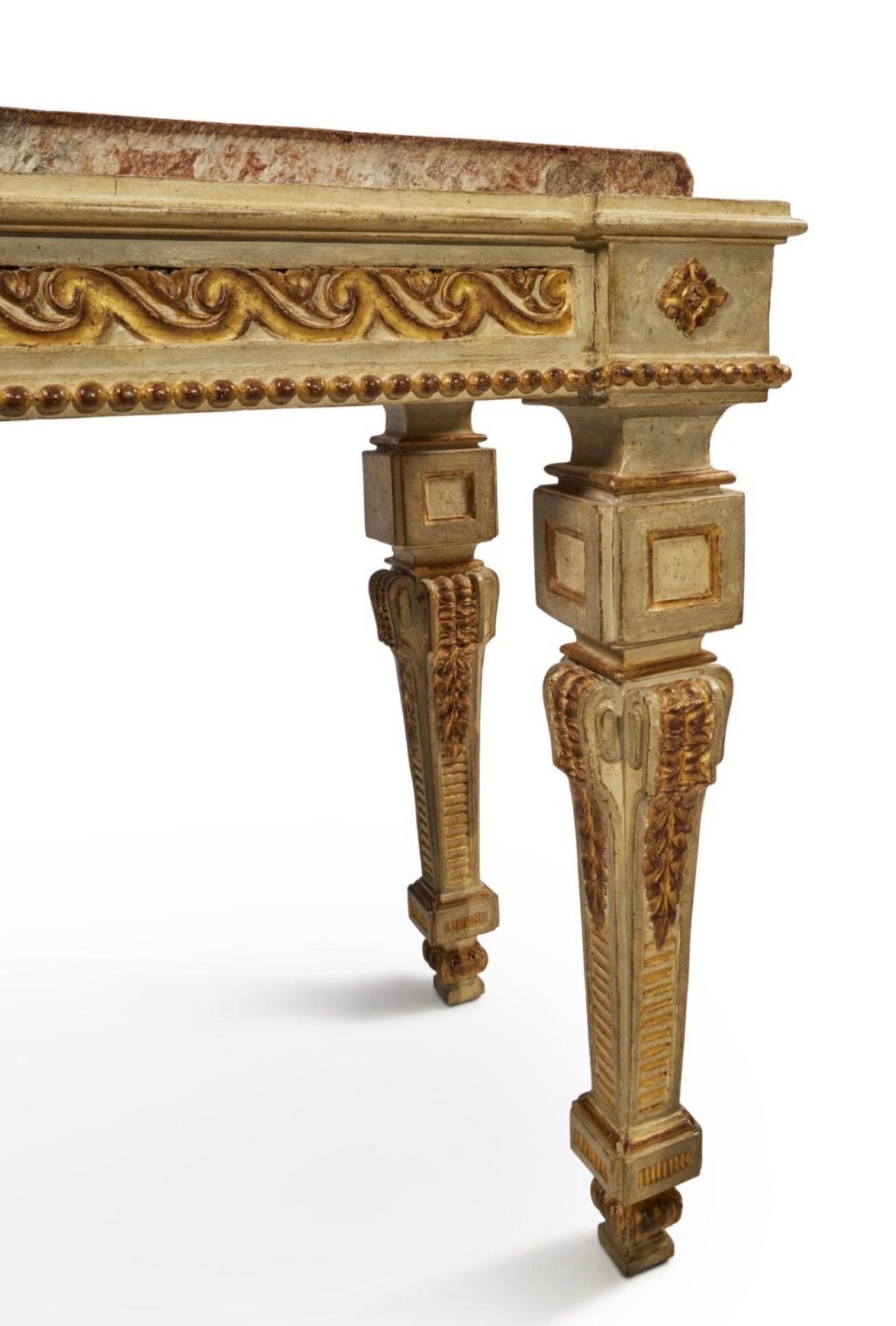 Pair of 18th Century Italian Painted Parcel Gilt Carved Console Tables In Fair Condition In Brooklyn, NY