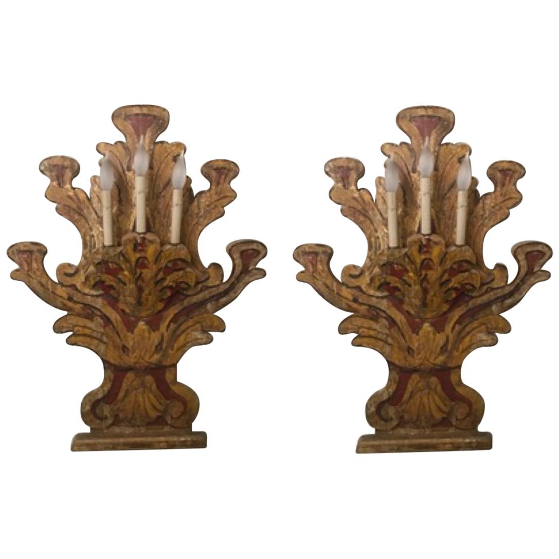 Pair of 18th Century Carved Italian Painted Wood Wall Sconces with Three Lights For Sale