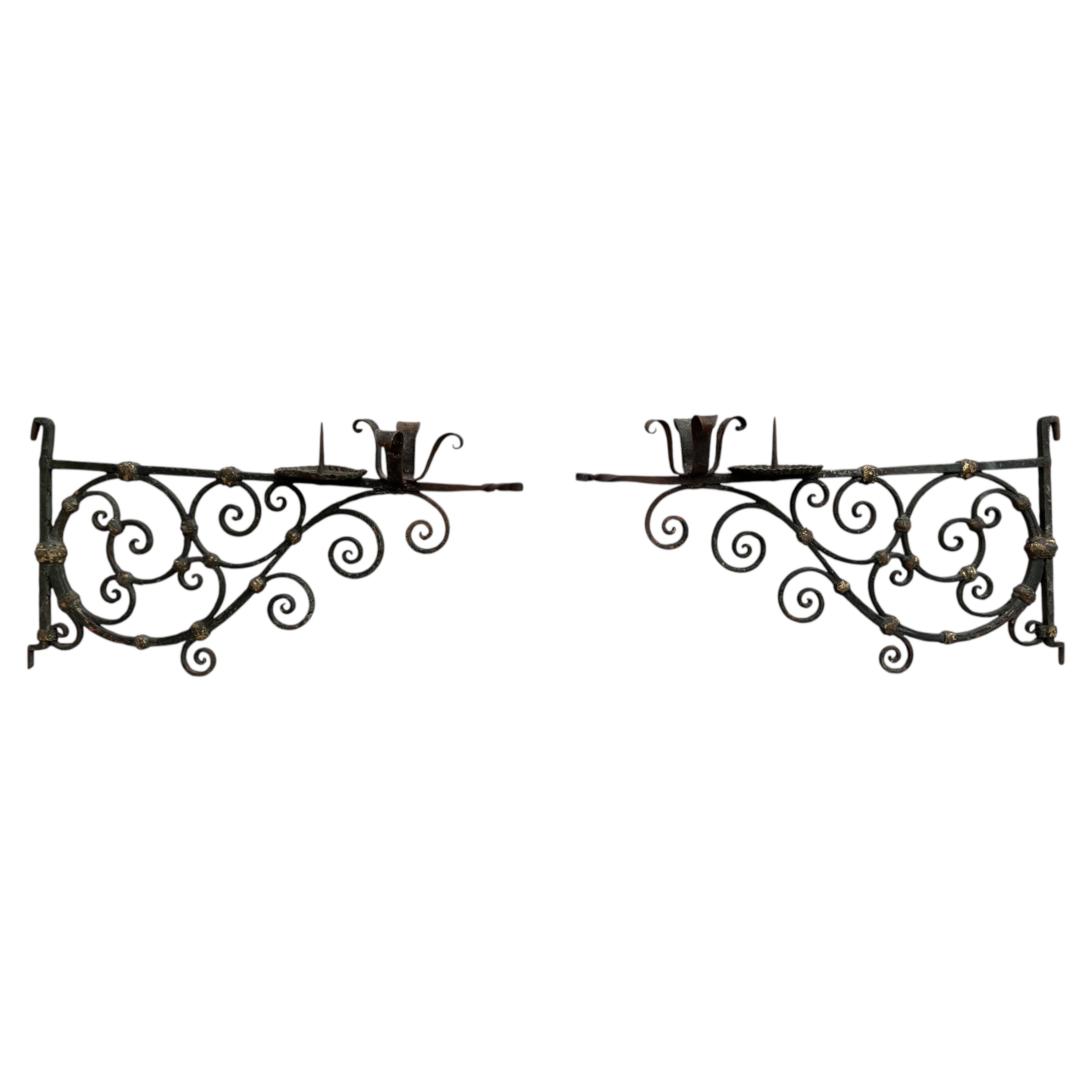 Pair of 18th Century Italian Painted Wrought Iron Wall Mounted Candle Holders