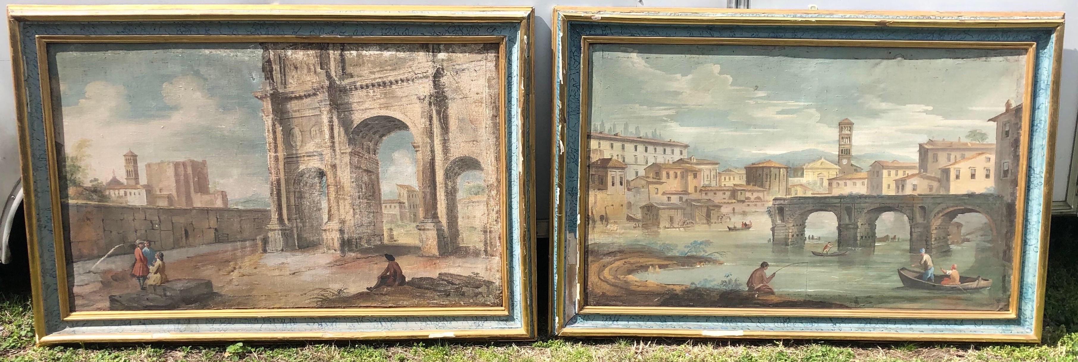 Incredible pair of larger scale 18th-early 19th century Italian paintings of city scenes on hand woven linen. Frames are possibly original to paintings. 

Frames measure 66.5