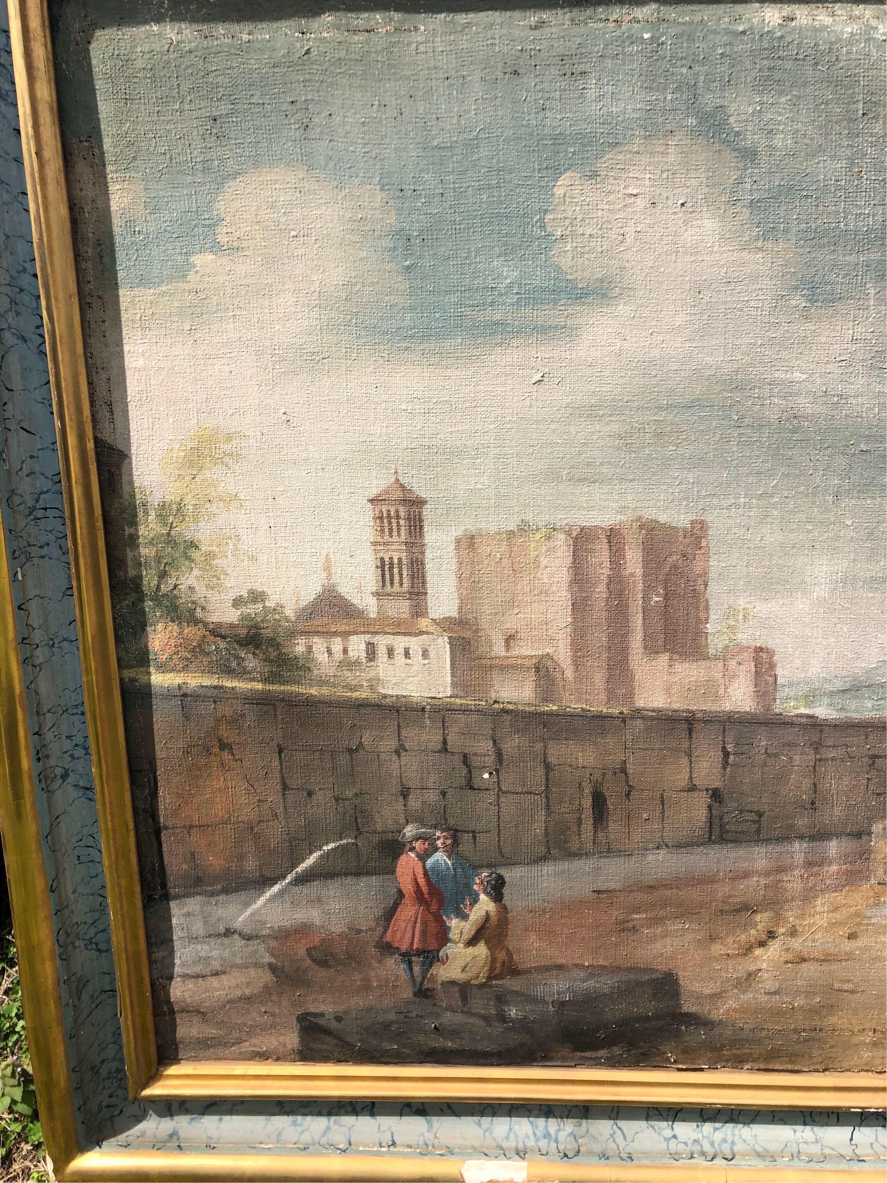 Canvas Pair of 18th Century Italian Paintings on Hand Woven Linen