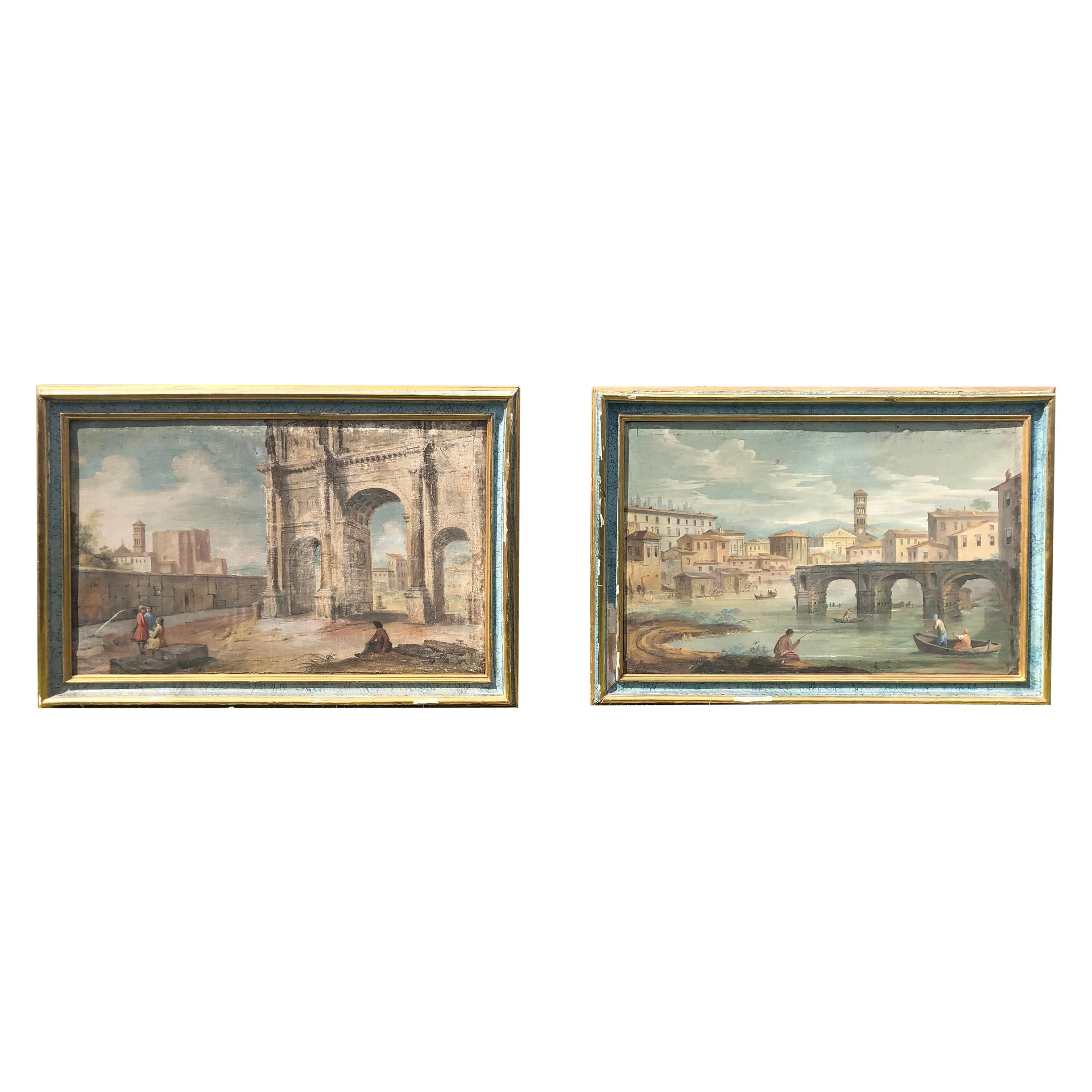 Pair of 18th Century Italian Paintings on Hand Woven Linen