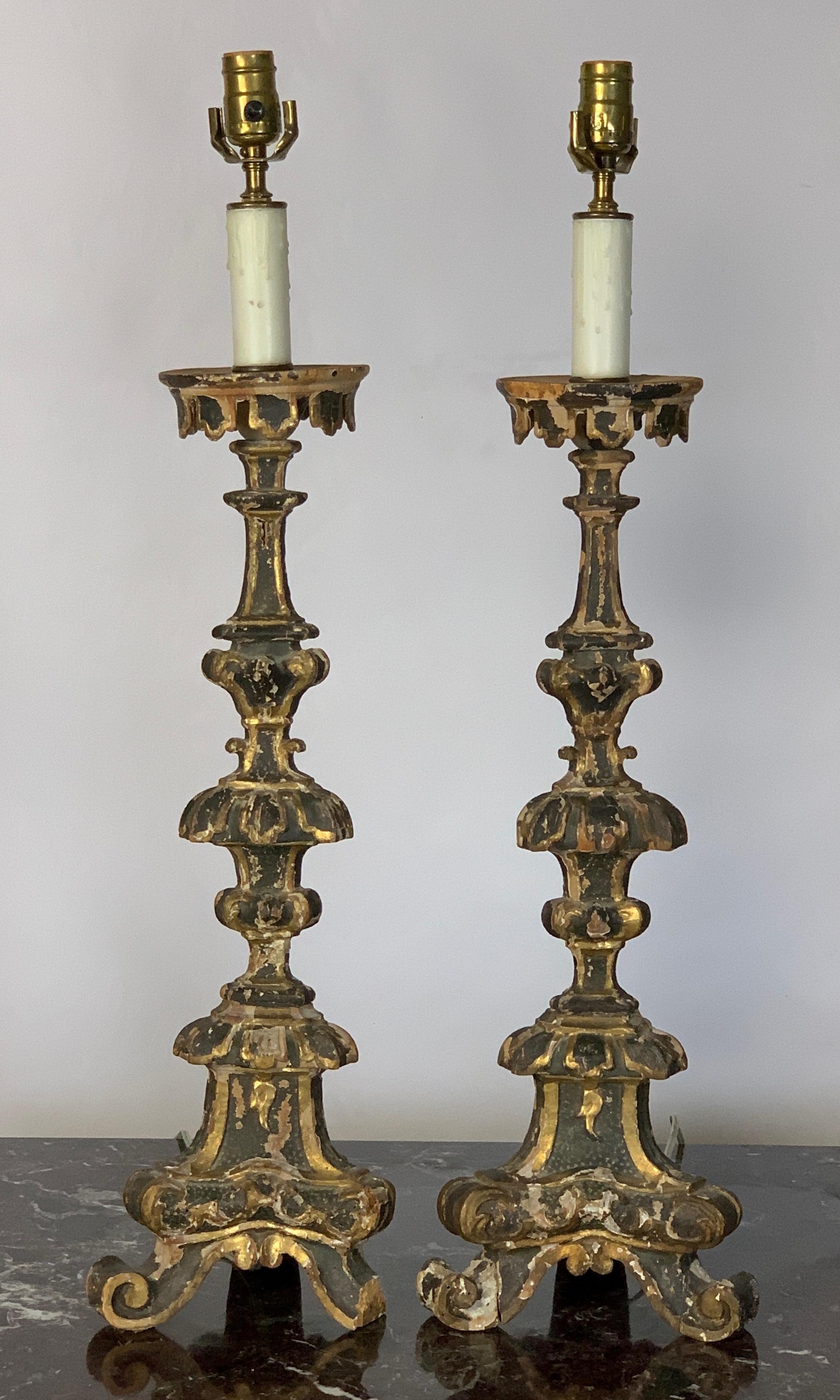 Baroque Pair of 18th Century Italian Pricket Candlestick Lamps