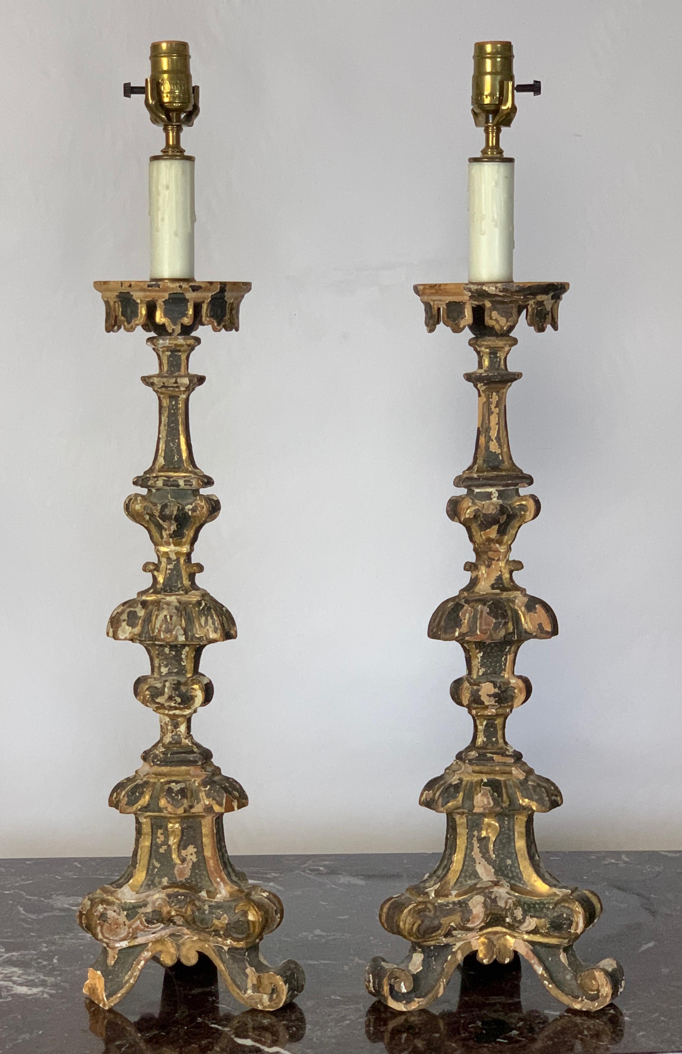 Carved Pair of 18th Century Italian Pricket Candlestick Lamps