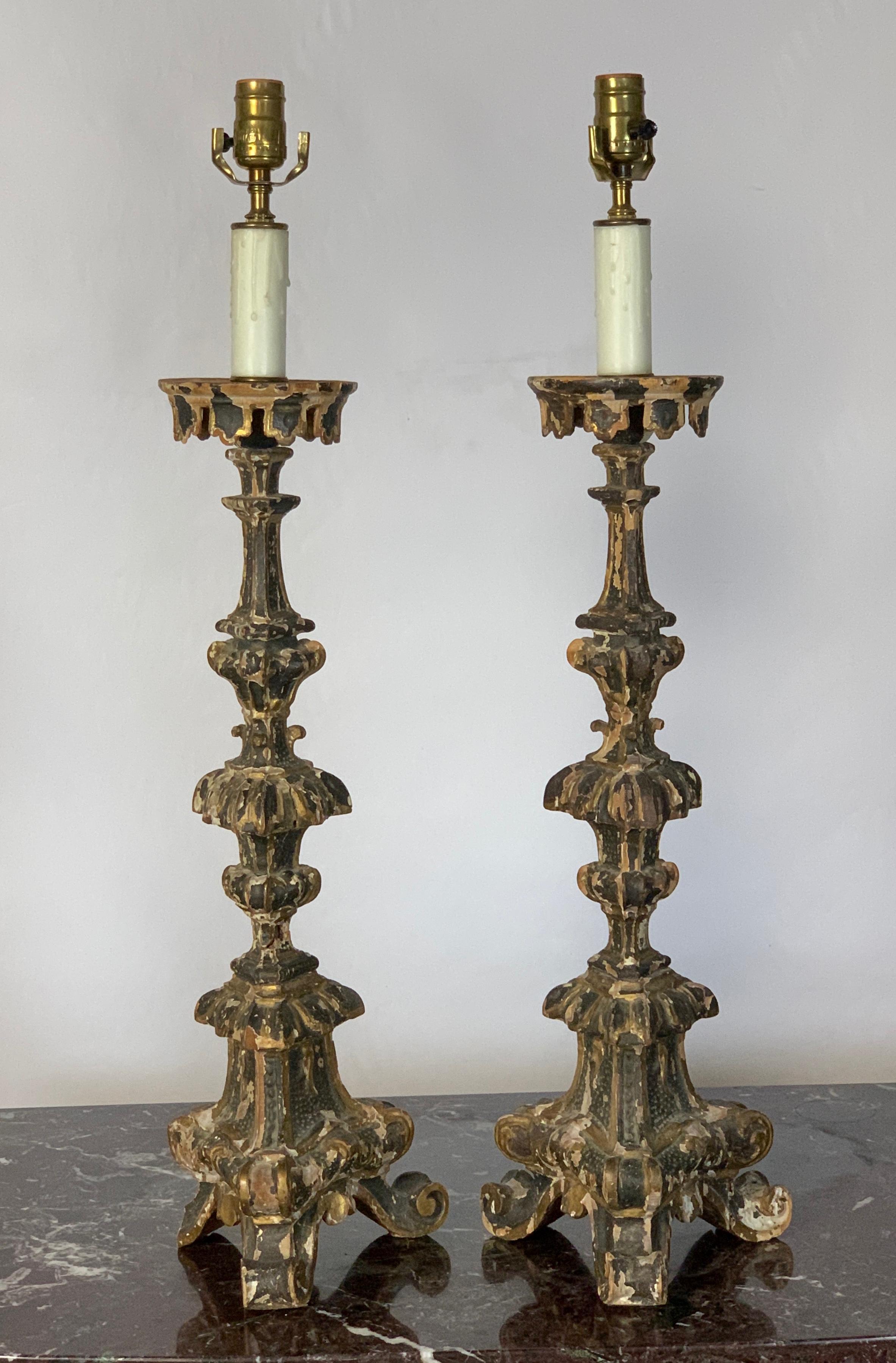 Pair of 18th Century Italian Pricket Candlestick Lamps In Fair Condition In Kilmarnock, VA