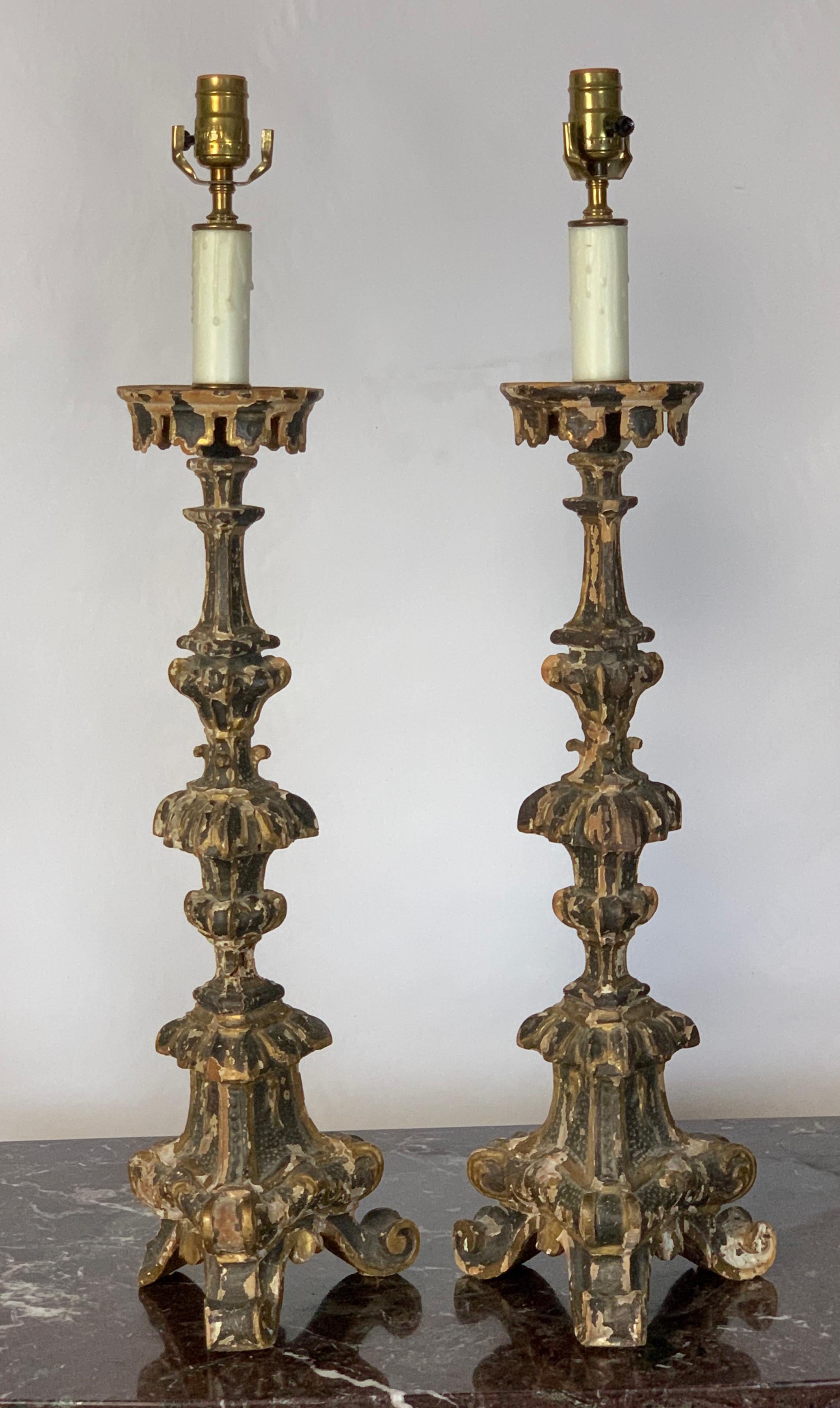 Mid-18th Century Pair of 18th Century Italian Pricket Candlestick Lamps