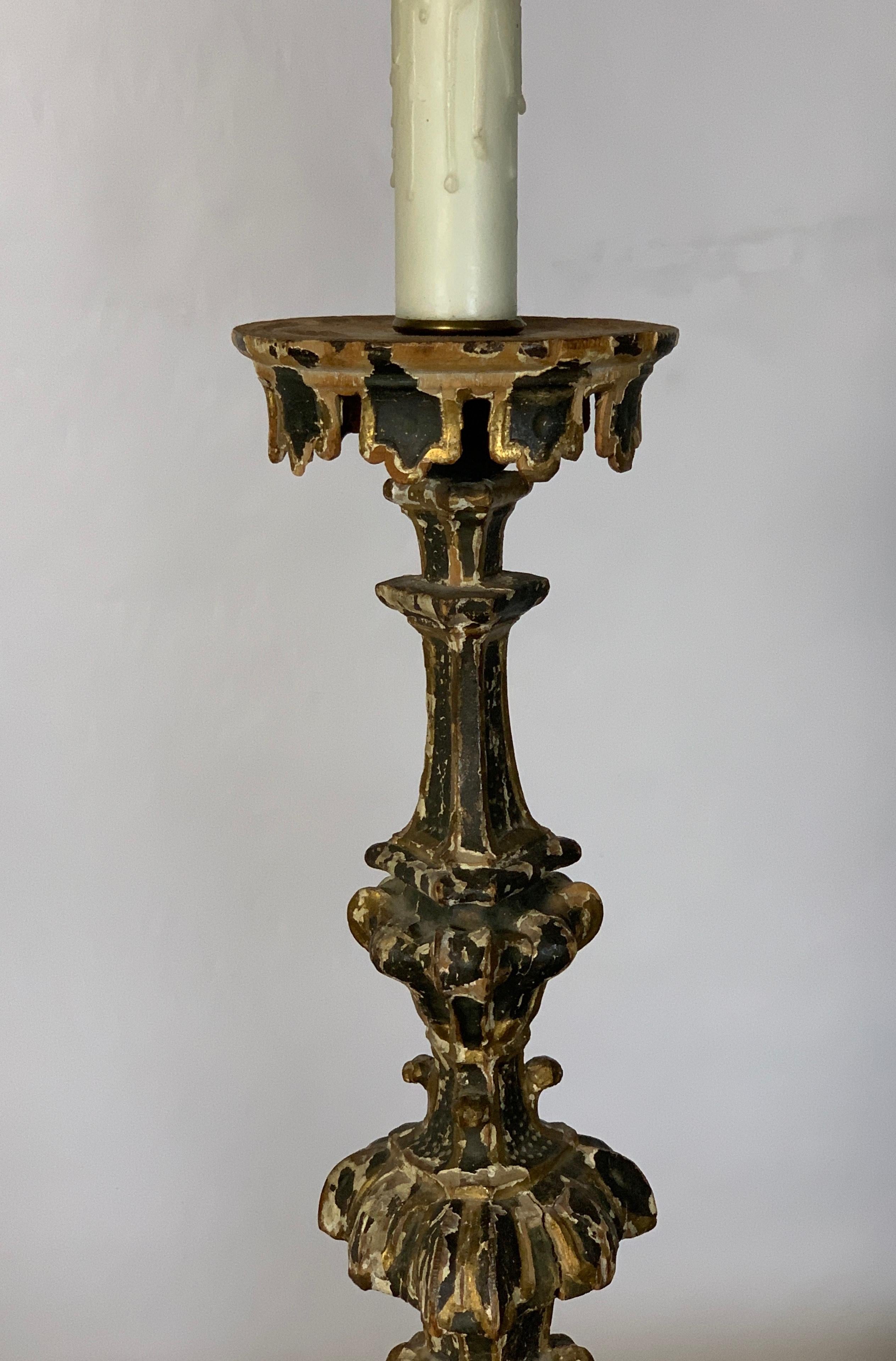 Wood Pair of 18th Century Italian Pricket Candlestick Lamps