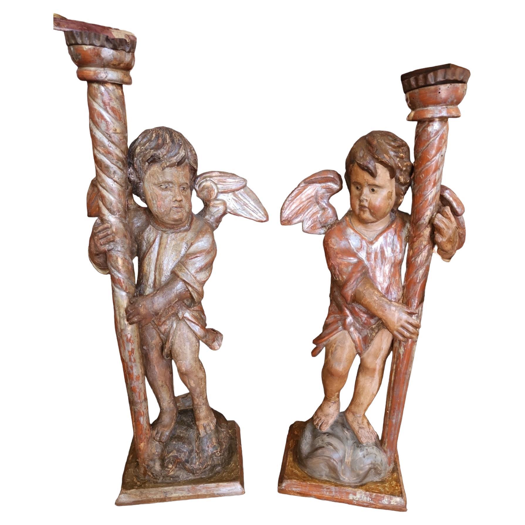 Pair of 18th Century Italian Putti Candles For Sale