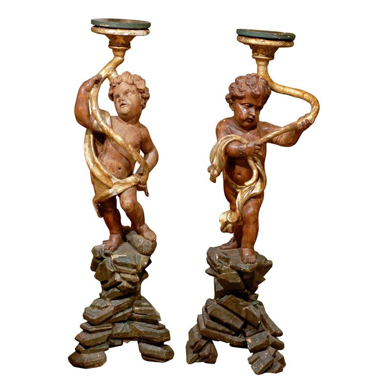 Pair of 18th Century Italian Polychrome & Giltwood Putti Mounted on Craggy Rock