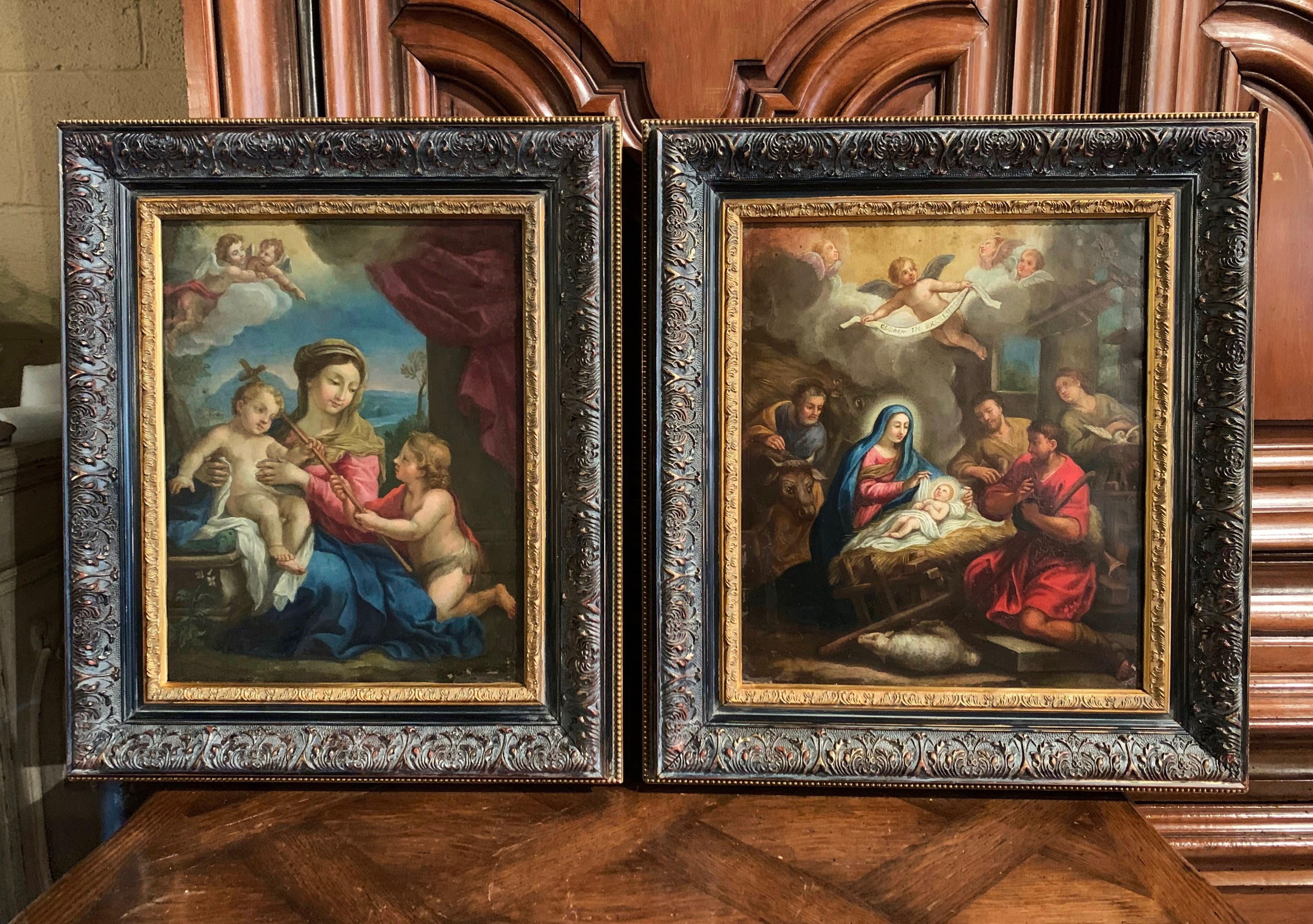 Pair of 18th Century Italian Religious Oil Paintings on Copper in Carved Frames In Excellent Condition In Dallas, TX